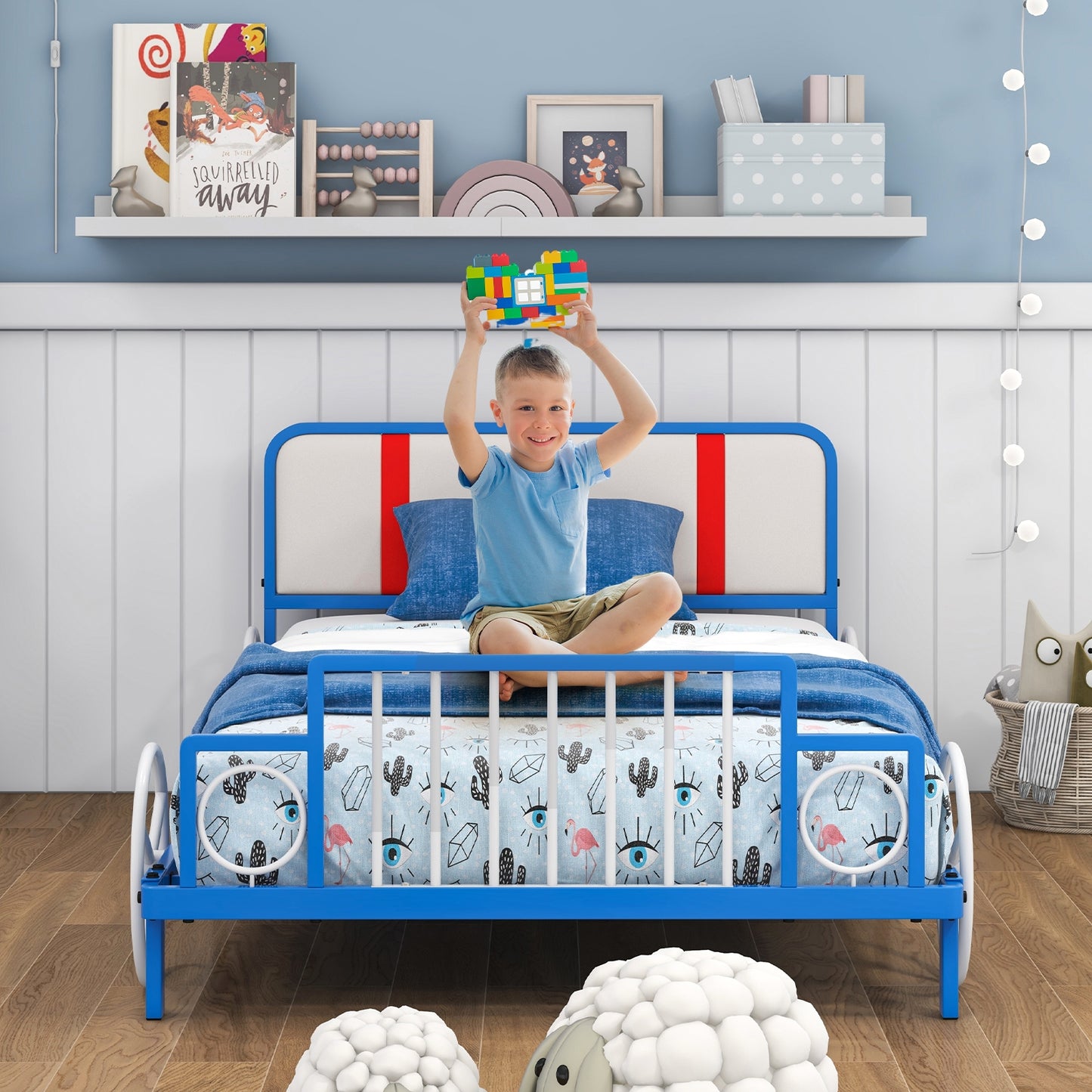 Twin Size Kids Bed Frame Car Shaped Metal Platform Bed with Upholstered Headboard Kids Crystal