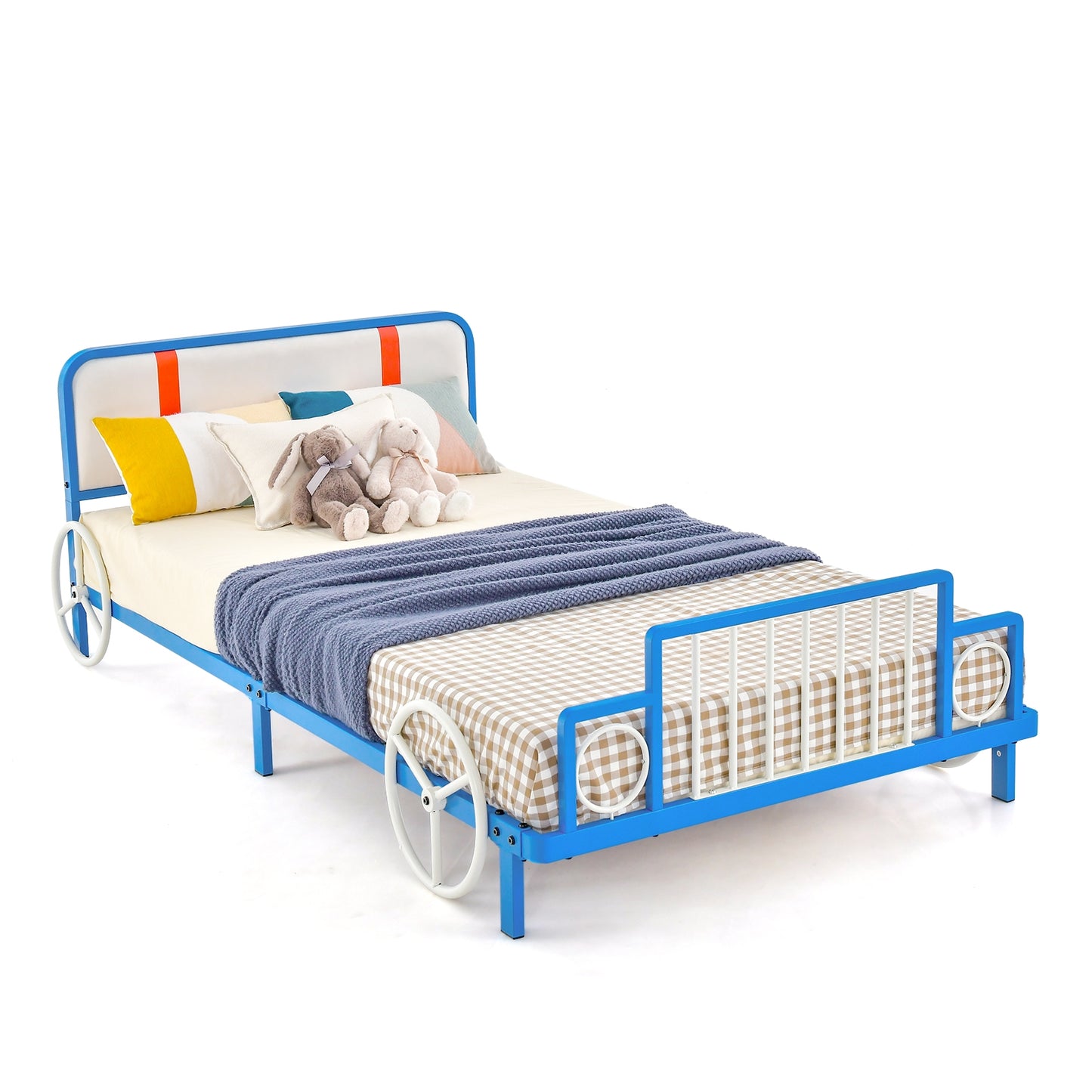 Twin Size Kids Bed Frame Car Shaped Metal Platform Bed with Upholstered Headboard Kids Crystal