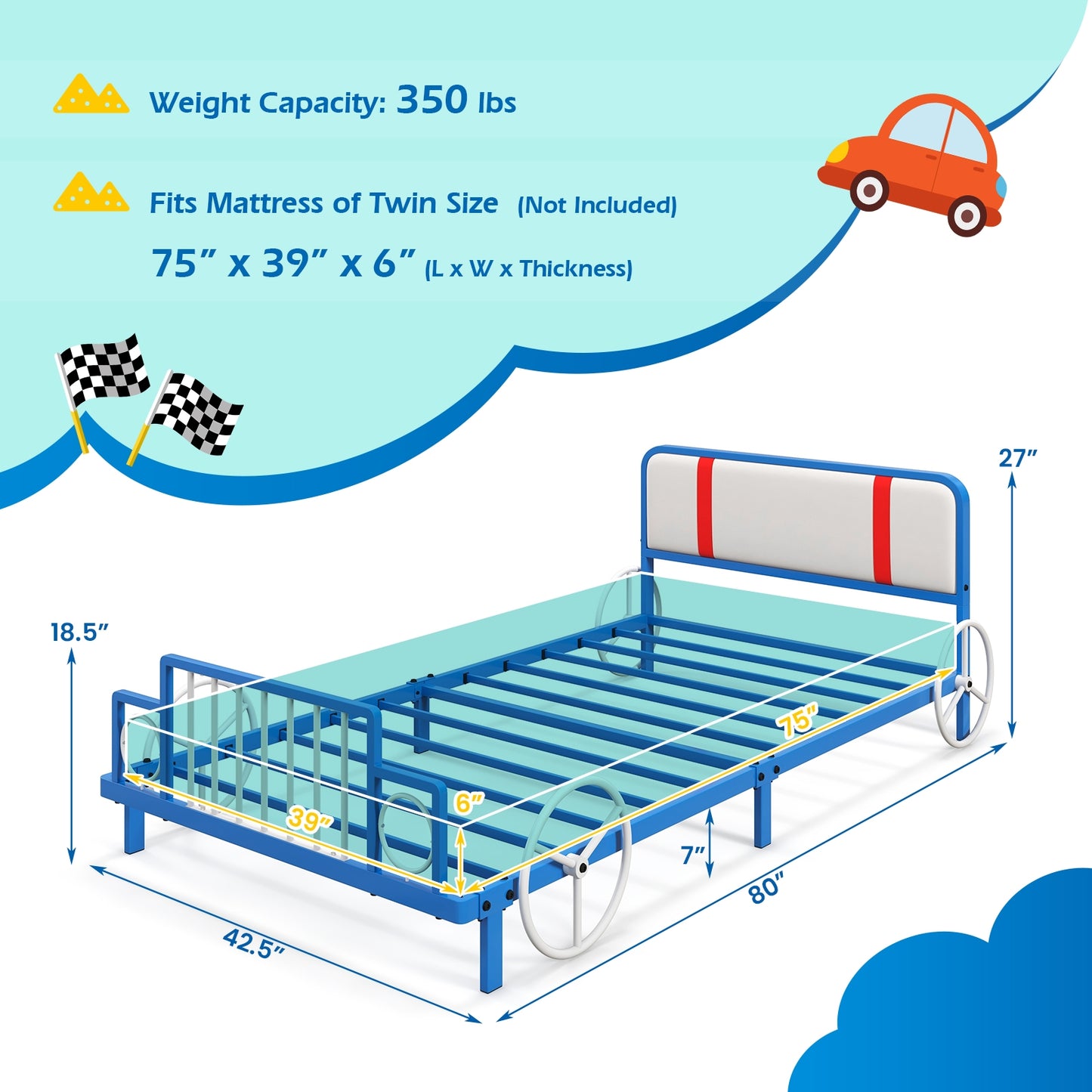 Twin Size Kids Bed Frame Car Shaped Metal Platform Bed with Upholstered Headboard Kids Crystal