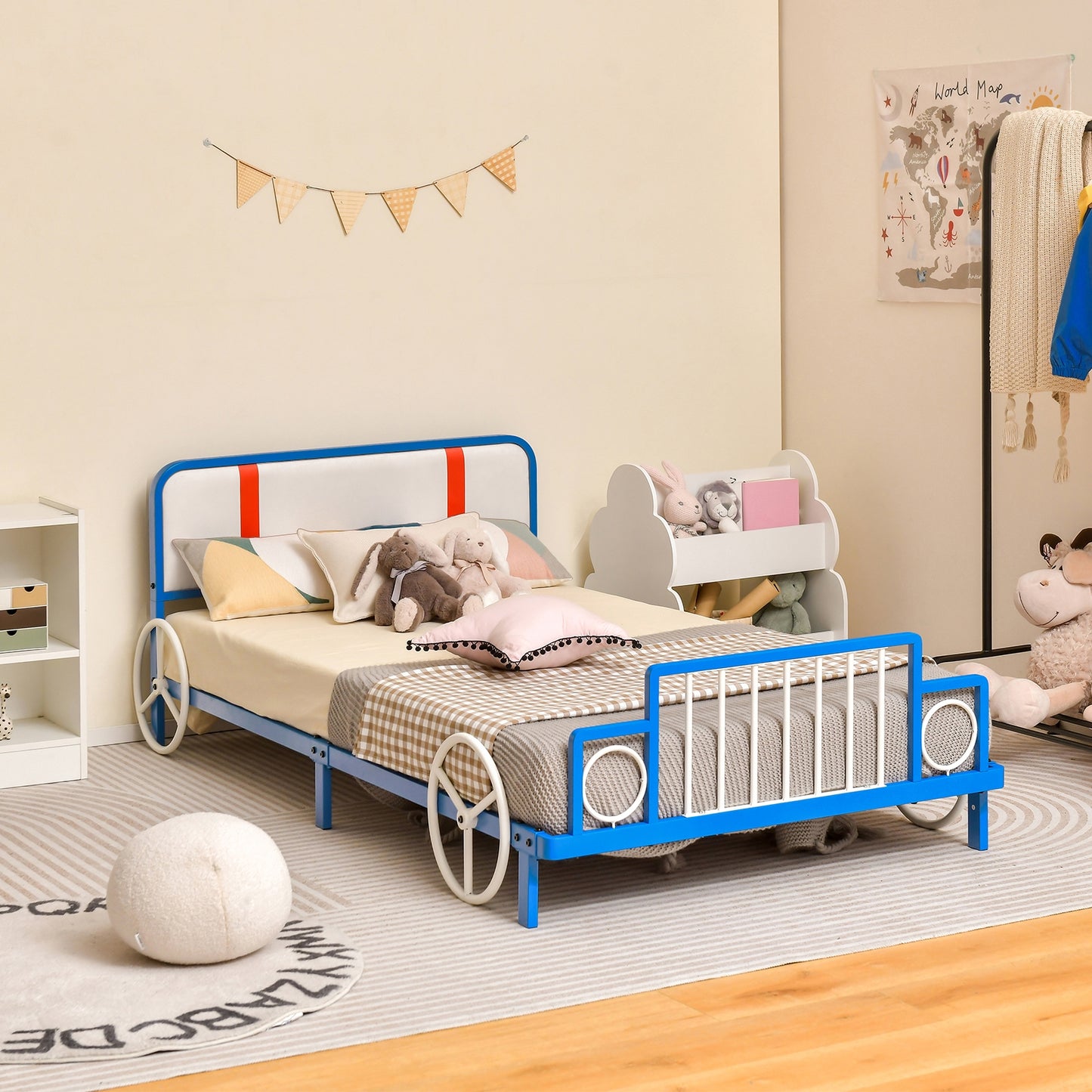 Twin Size Kids Bed Frame Car Shaped Metal Platform Bed with Upholstered Headboard Kids Crystal