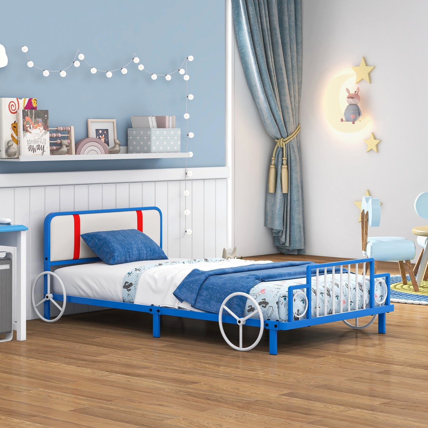 Twin Size Kids Bed Frame Car Shaped Metal Platform Bed with Upholstered Headboard Kids Crystal