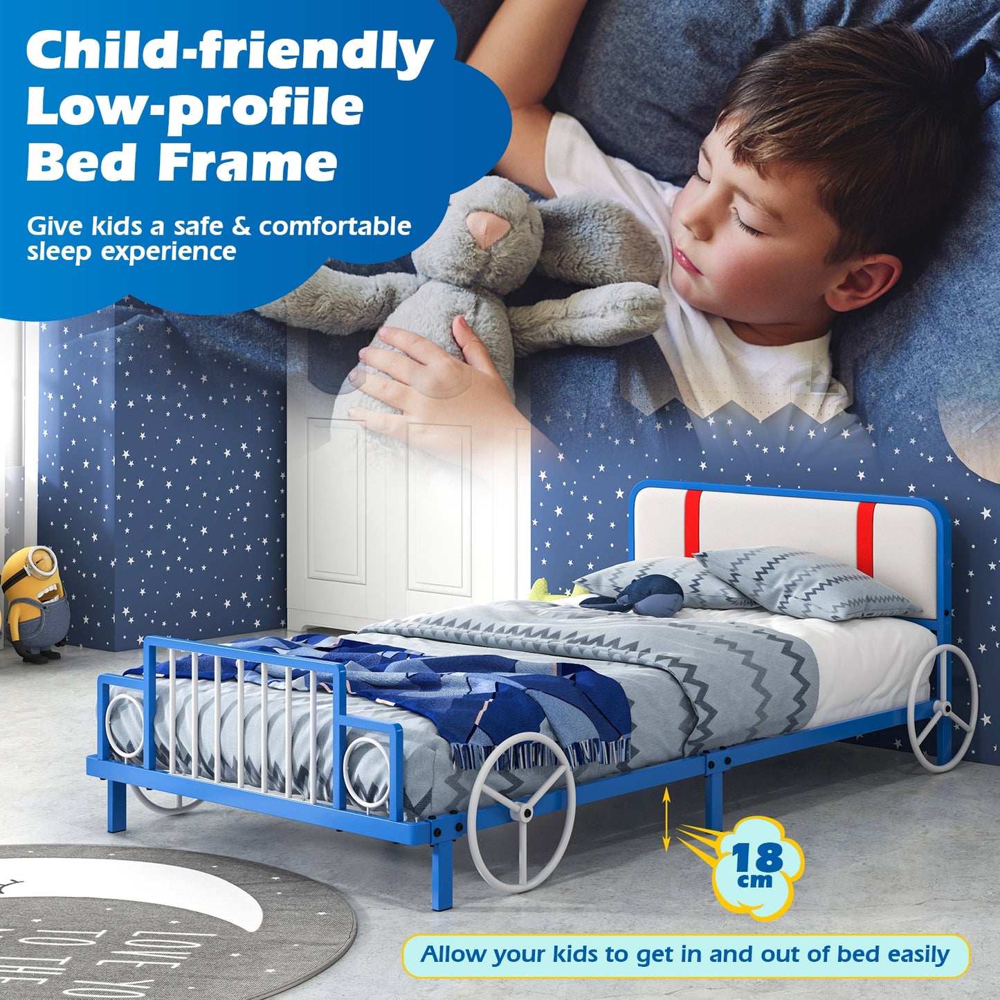 Twin Size Kids Bed Frame Car Shaped Metal Platform Bed with Upholstered Headboard Kids Crystal