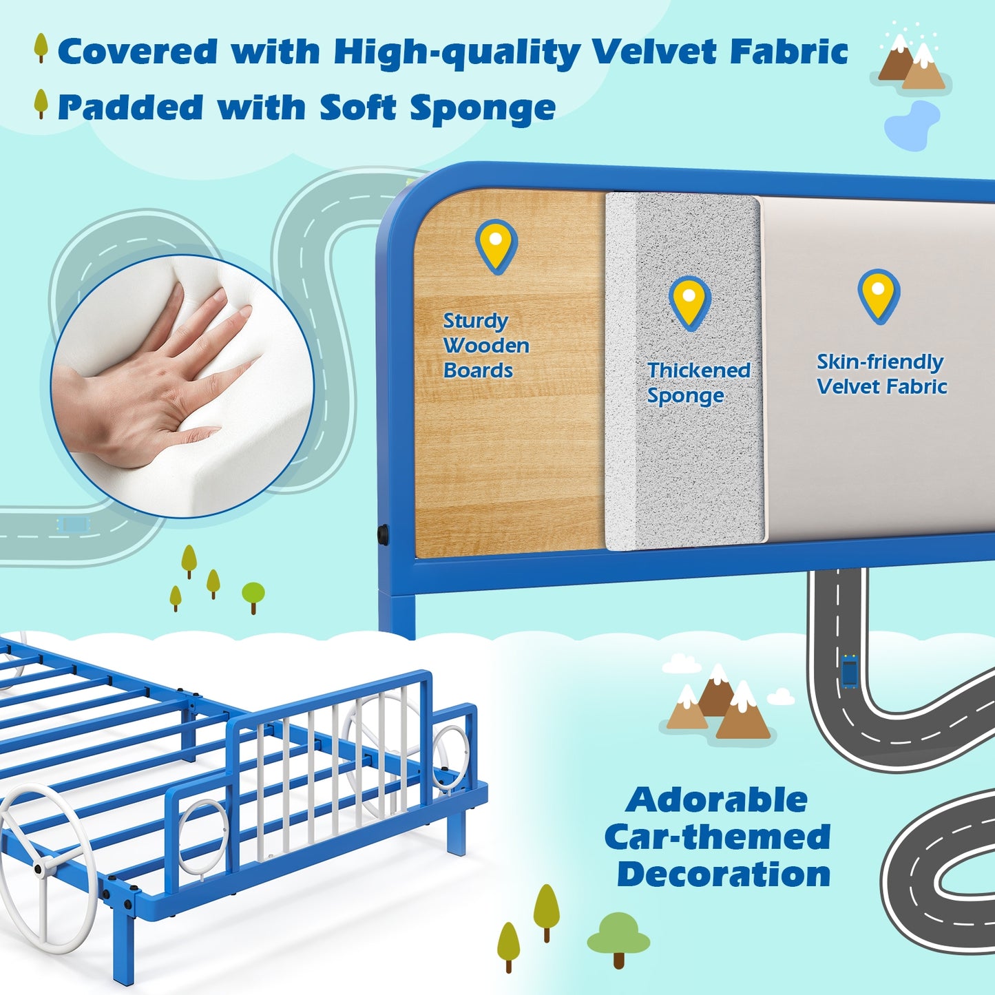 Twin Size Kids Bed Frame Car Shaped Metal Platform Bed with Upholstered Headboard Kids Crystal