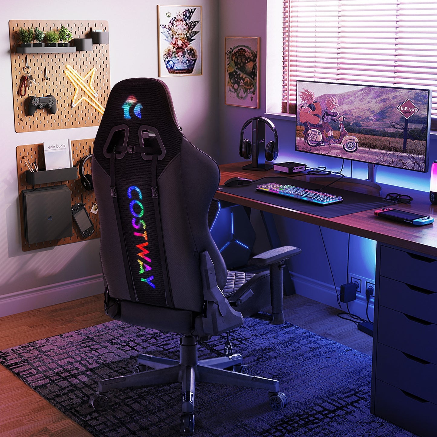 Adjustable 360° Swivel PU Gaming Chair with RGB LED Lights and Nylon Base-Black Kids Crystal