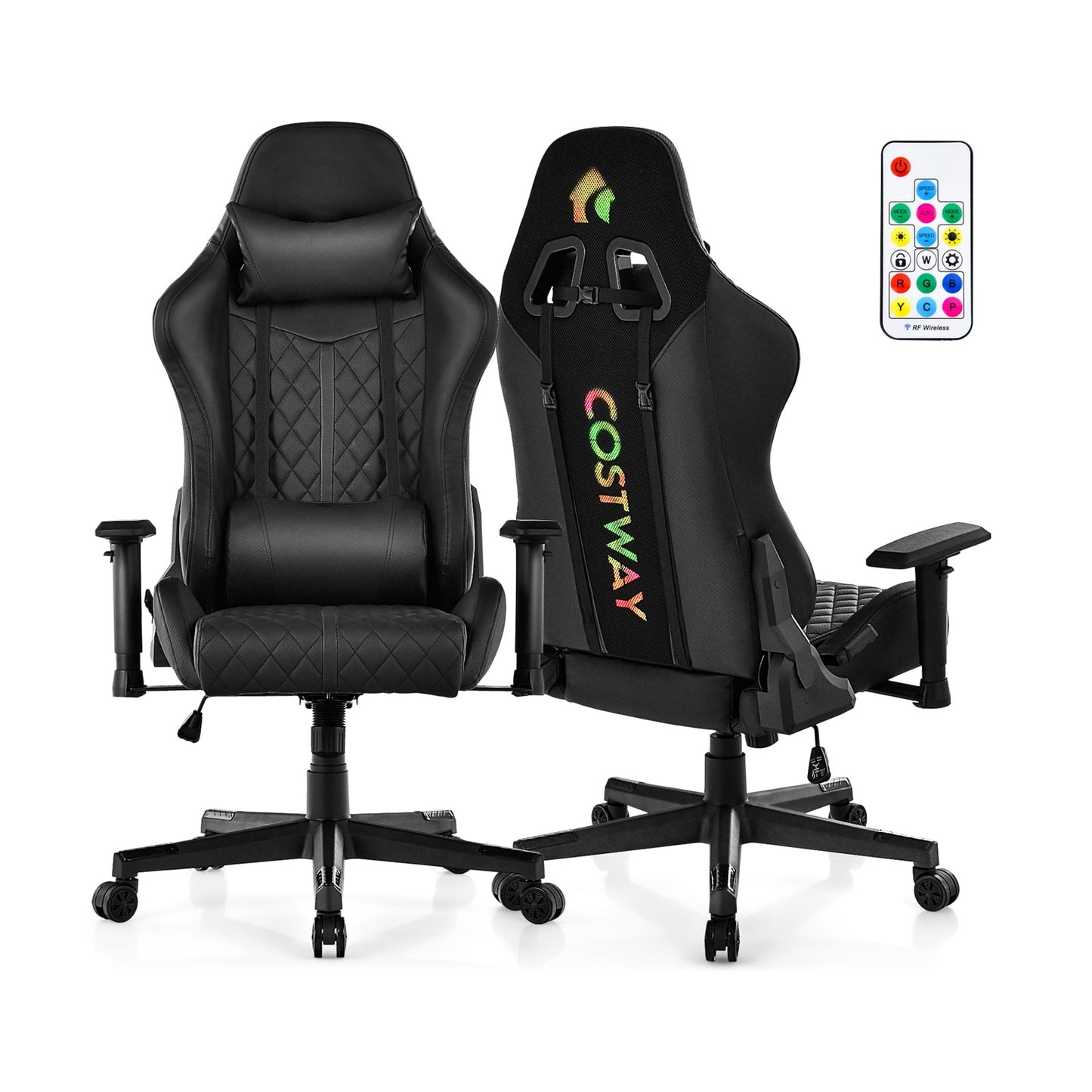 Adjustable 360° Swivel PU Gaming Chair with RGB LED Lights and Nylon Base-Black Kids Crystal