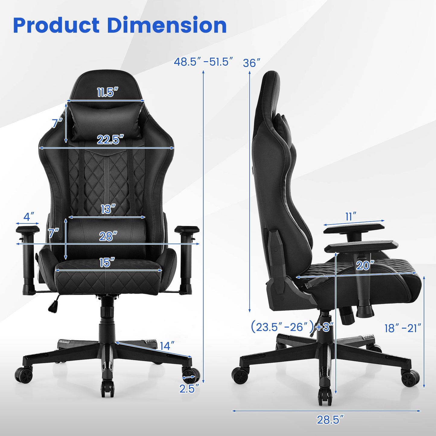 Adjustable 360° Swivel PU Gaming Chair with RGB LED Lights and Nylon Base-Black Kids Crystal