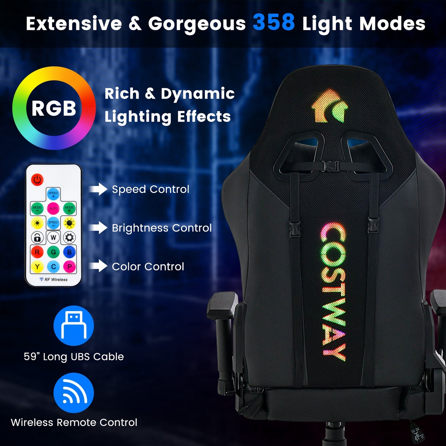 Adjustable 360° Swivel PU Gaming Chair with RGB LED Lights and Nylon Base-Black Kids Crystal