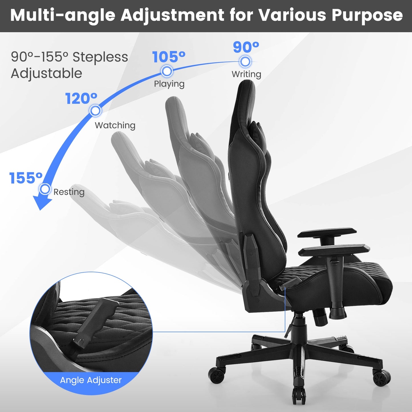 Adjustable 360° Swivel PU Gaming Chair with RGB LED Lights and Nylon Base-Black Kids Crystal