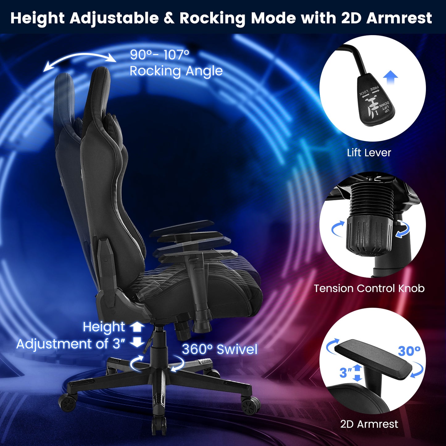 Adjustable 360° Swivel PU Gaming Chair with RGB LED Lights and Nylon Base-Black Kids Crystal