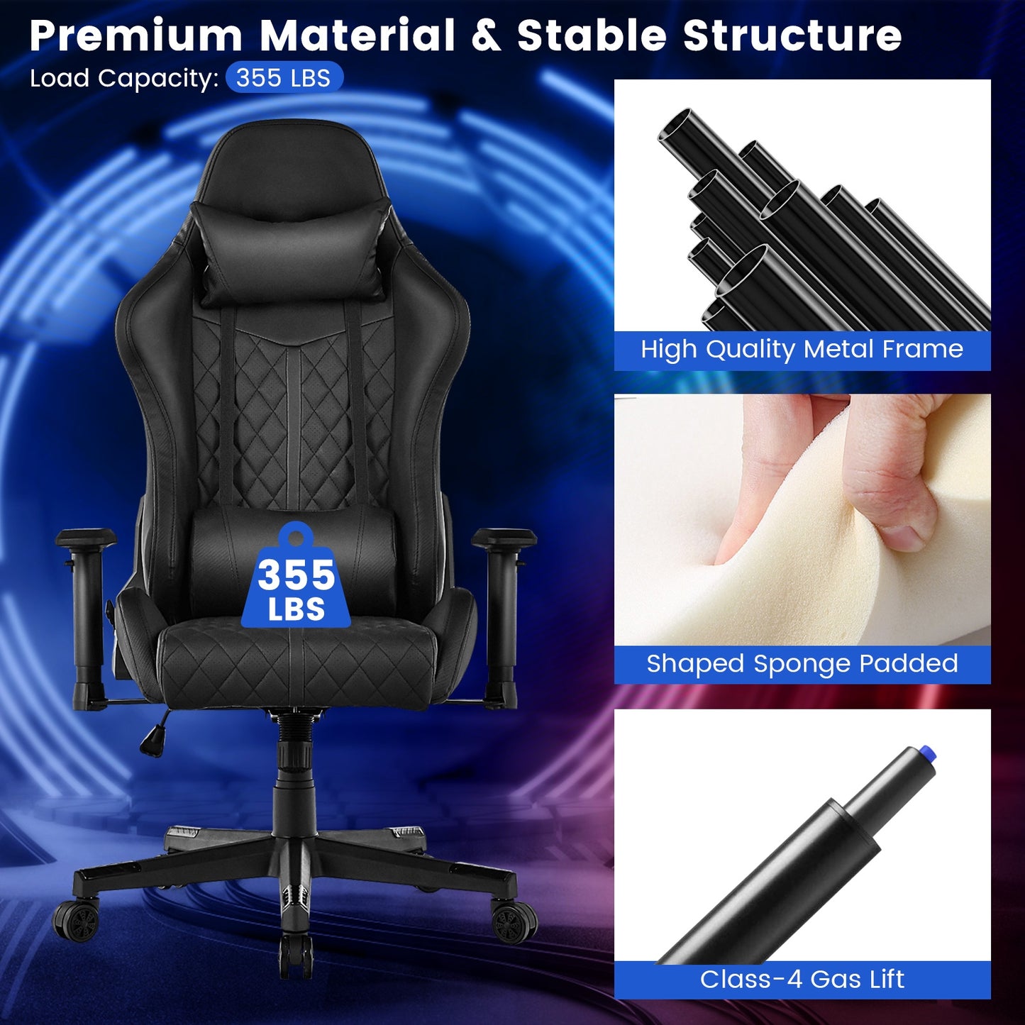 Adjustable 360° Swivel PU Gaming Chair with RGB LED Lights and Nylon Base-Black Kids Crystal