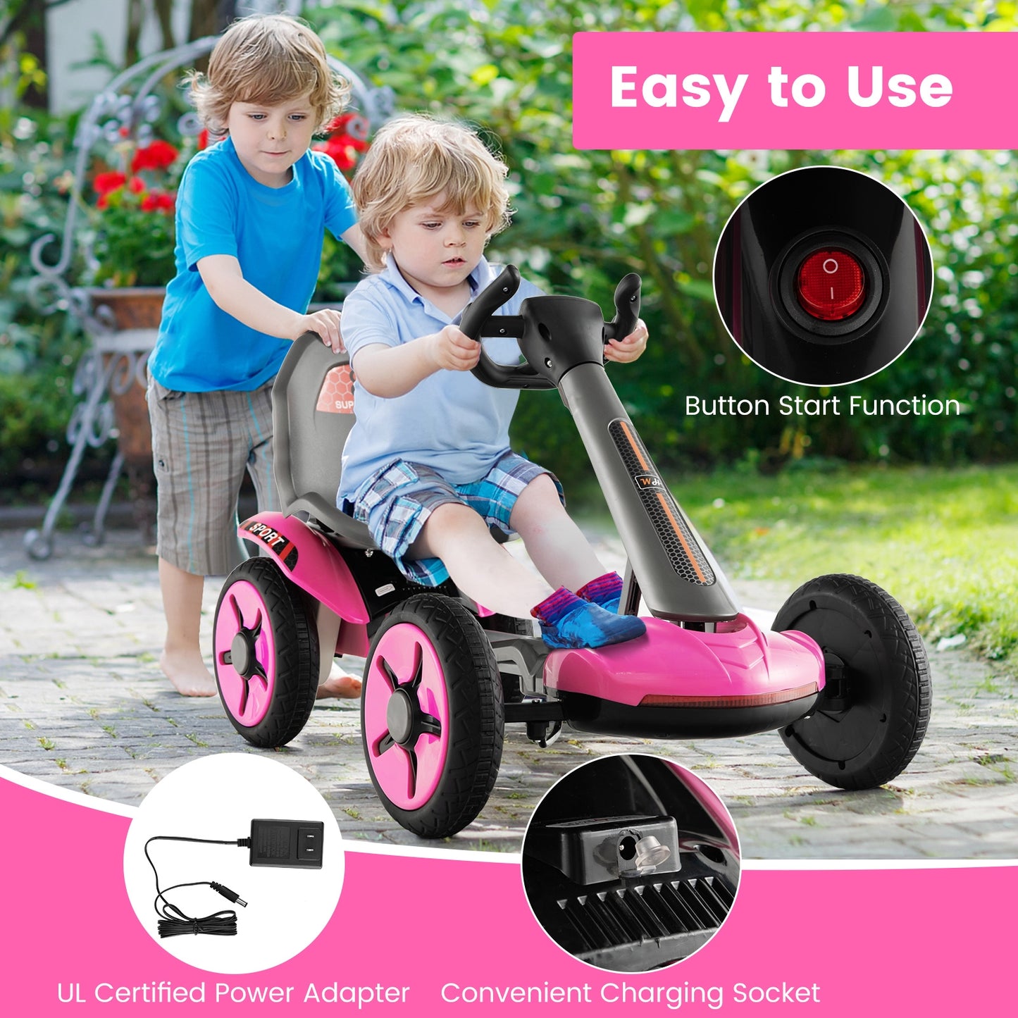 Pedal Powered 4-Wheel Toy Car with Adjustable Steering Wheel and Seat-Pink Kids Crystal