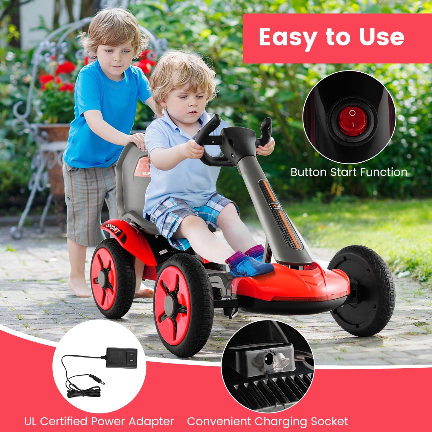 Pedal Powered 4-Wheel Toy Car with Adjustable Steering Wheel and Seat-Red Kids Crystal