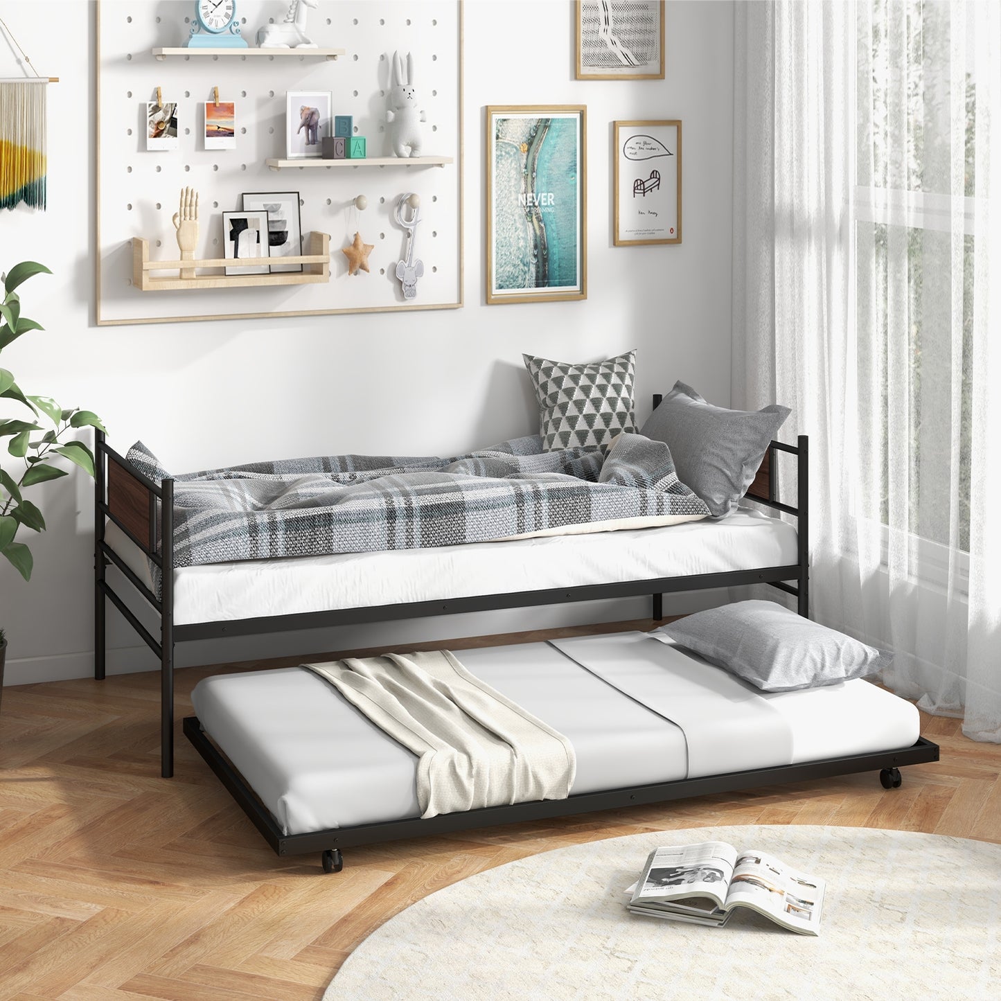 Twin Size Metal Daybed with Trundle and Wood Grain Headboard Kids Crystal