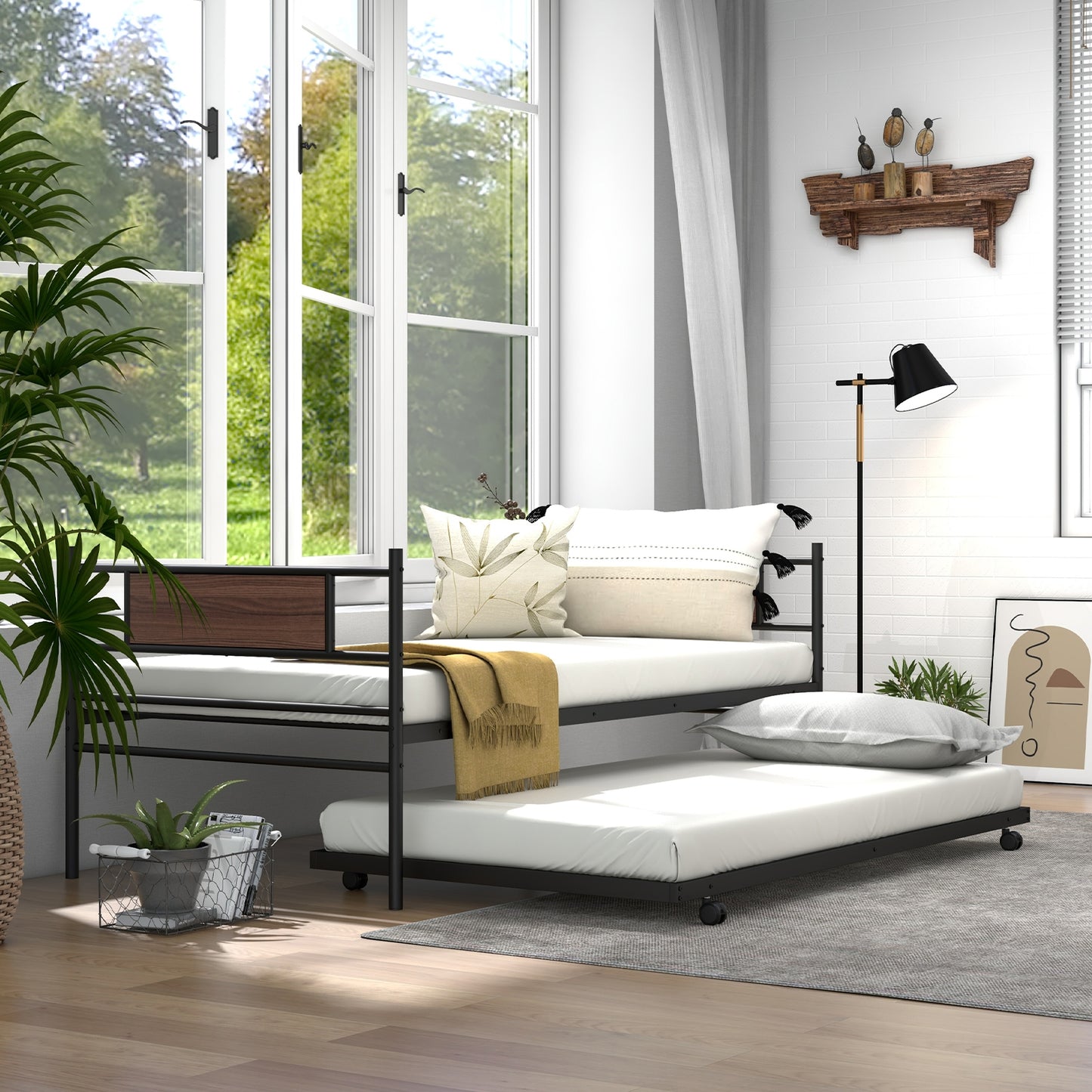 Twin Size Metal Daybed with Trundle and Wood Grain Headboard Kids Crystal