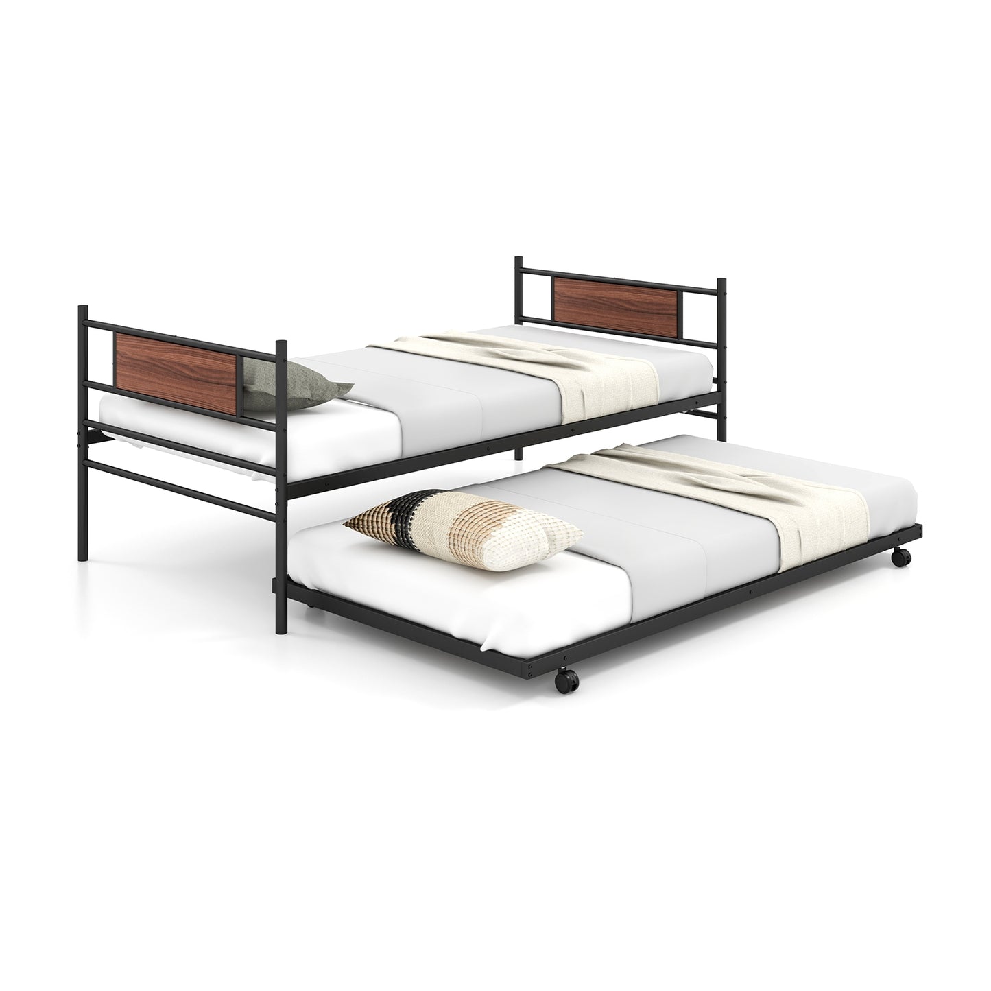 Twin Size Metal Daybed with Trundle and Wood Grain Headboard Kids Crystal