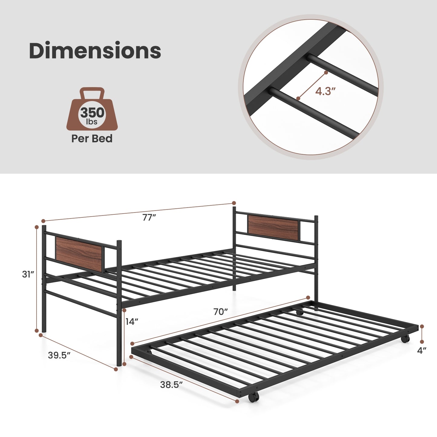 Twin Size Metal Daybed with Trundle and Wood Grain Headboard Kids Crystal