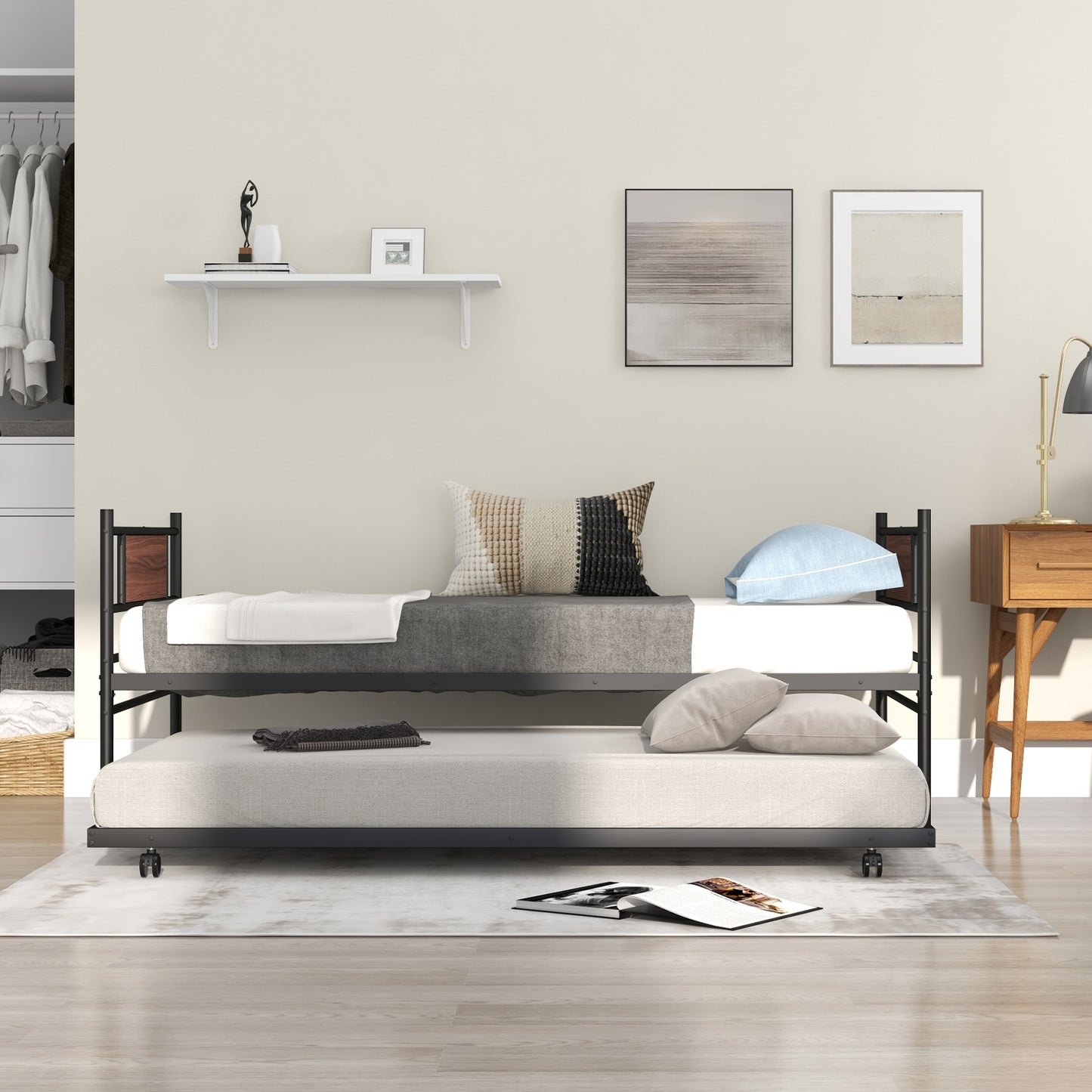 Twin Size Metal Daybed with Trundle and Wood Grain Headboard Kids Crystal