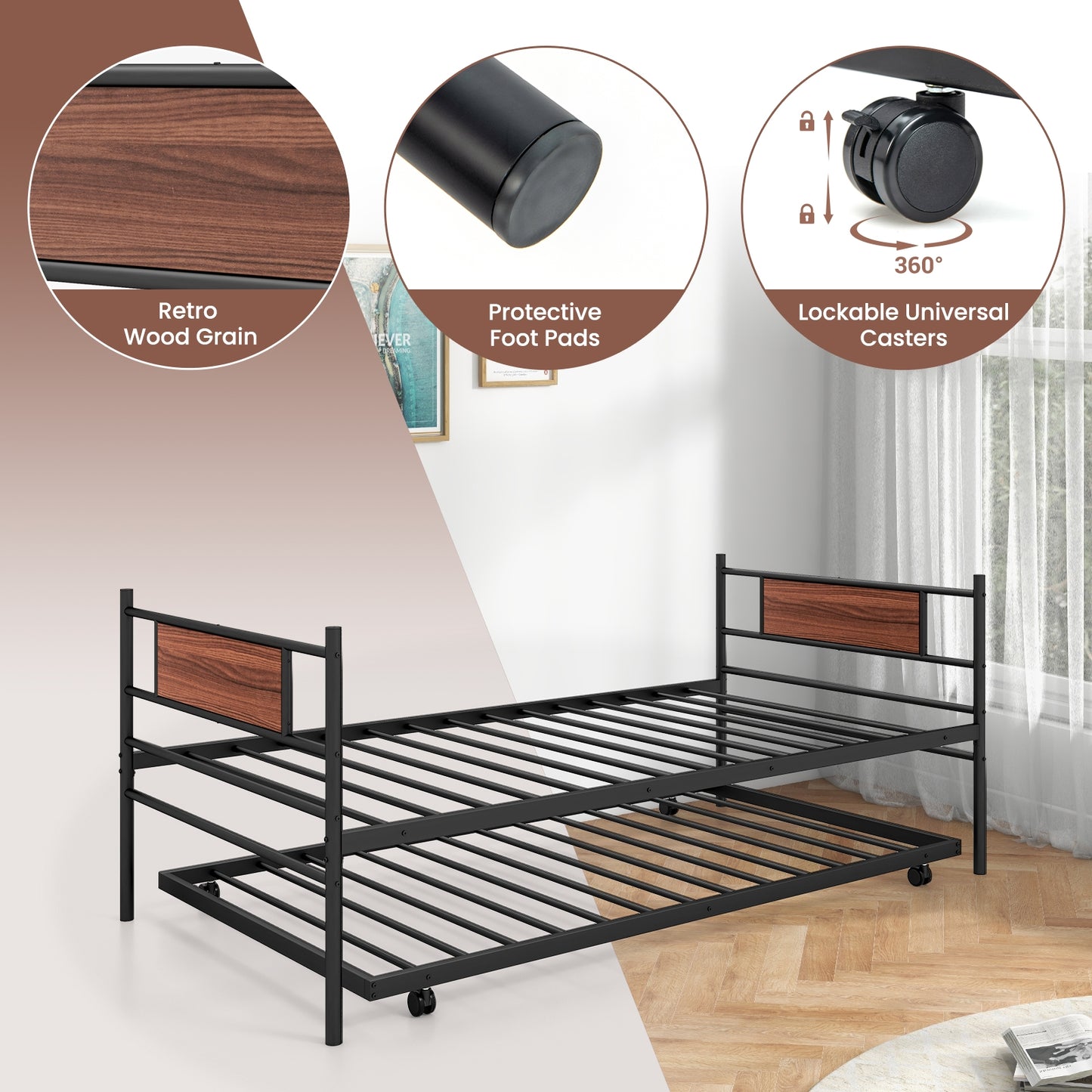 Twin Size Metal Daybed with Trundle and Wood Grain Headboard Kids Crystal