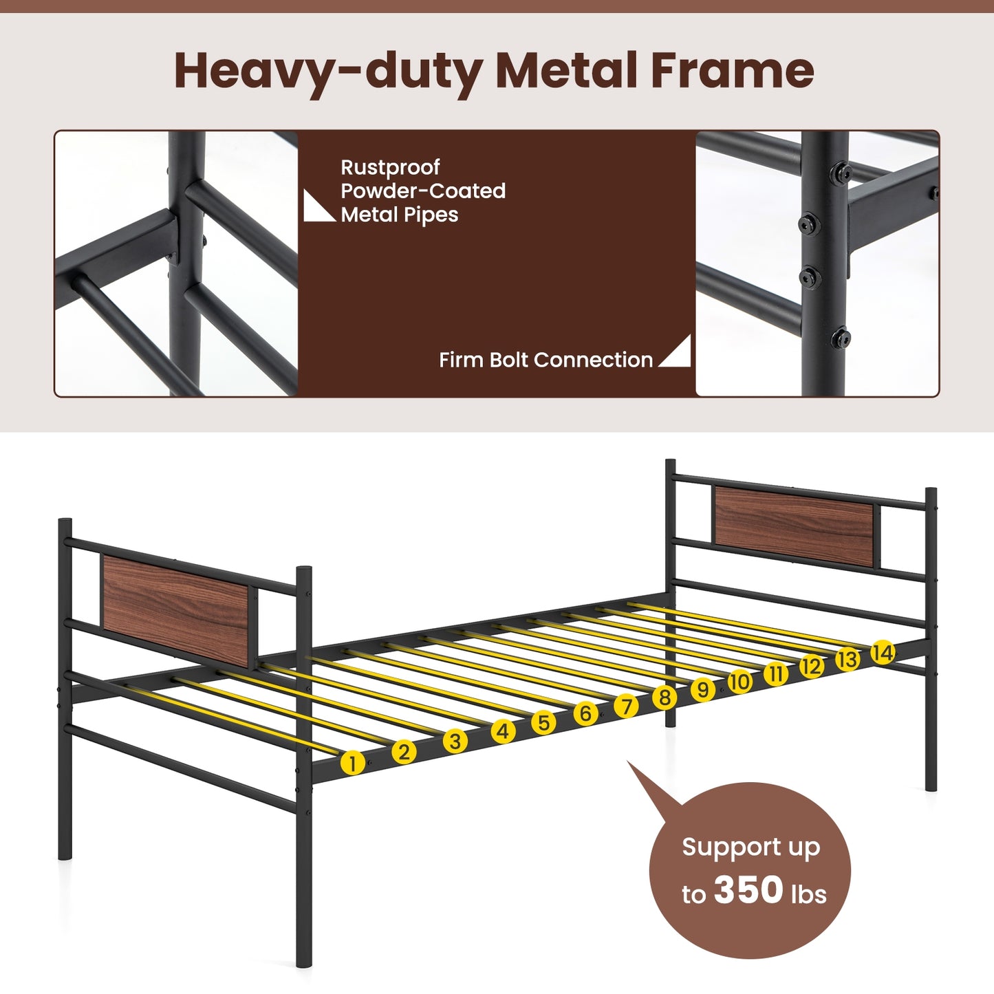 Twin Size Metal Daybed with Trundle and Wood Grain Headboard Kids Crystal
