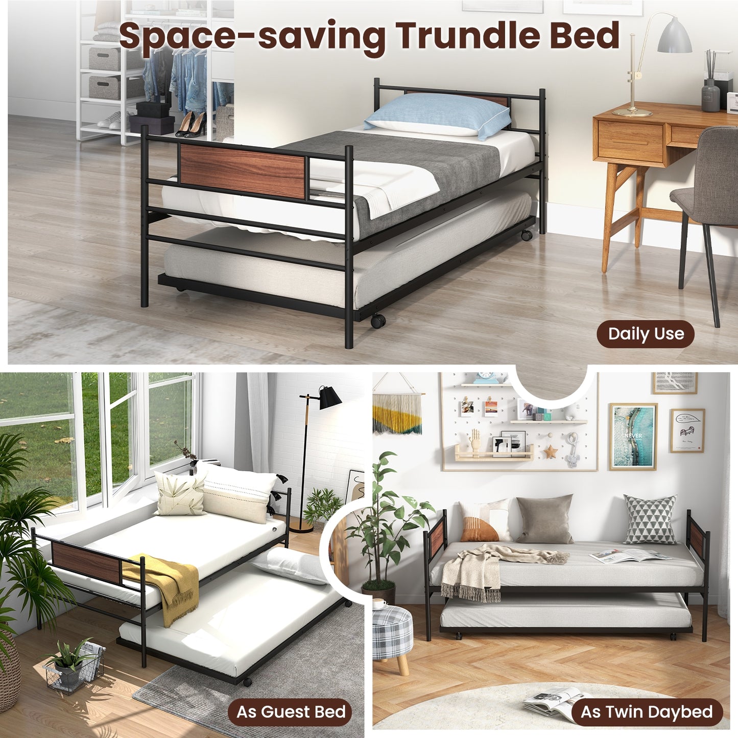 Twin Size Metal Daybed with Trundle and Wood Grain Headboard Kids Crystal