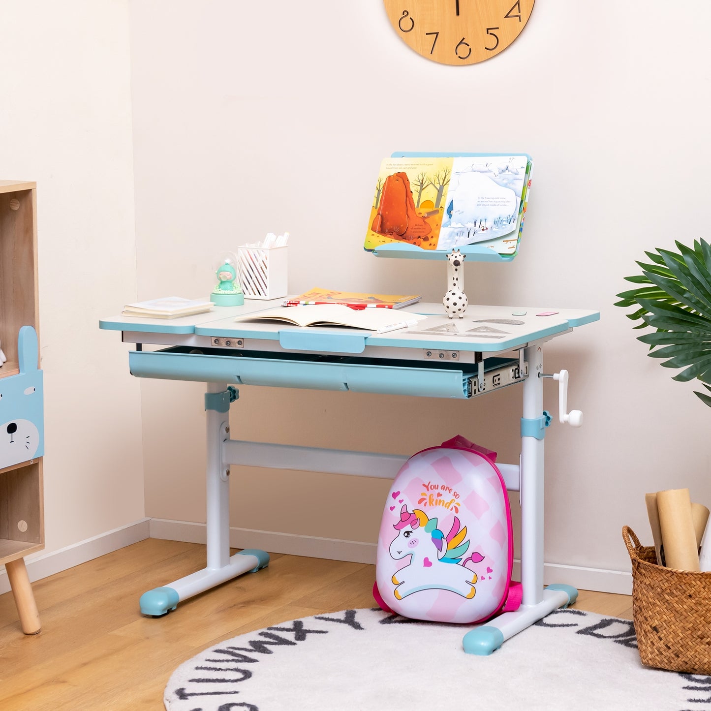 Height-Adjustable Kids Desk with Tilt Desktop and Book Stand-Blue Kids Crystal