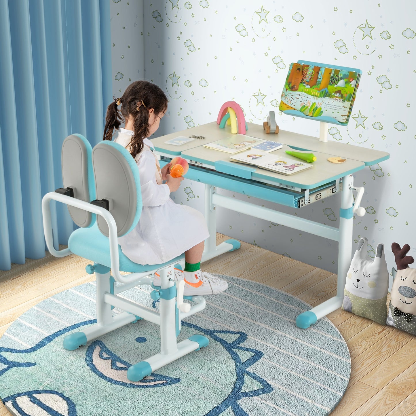 Height-Adjustable Kids Desk with Tilt Desktop and Book Stand-Blue Kids Crystal
