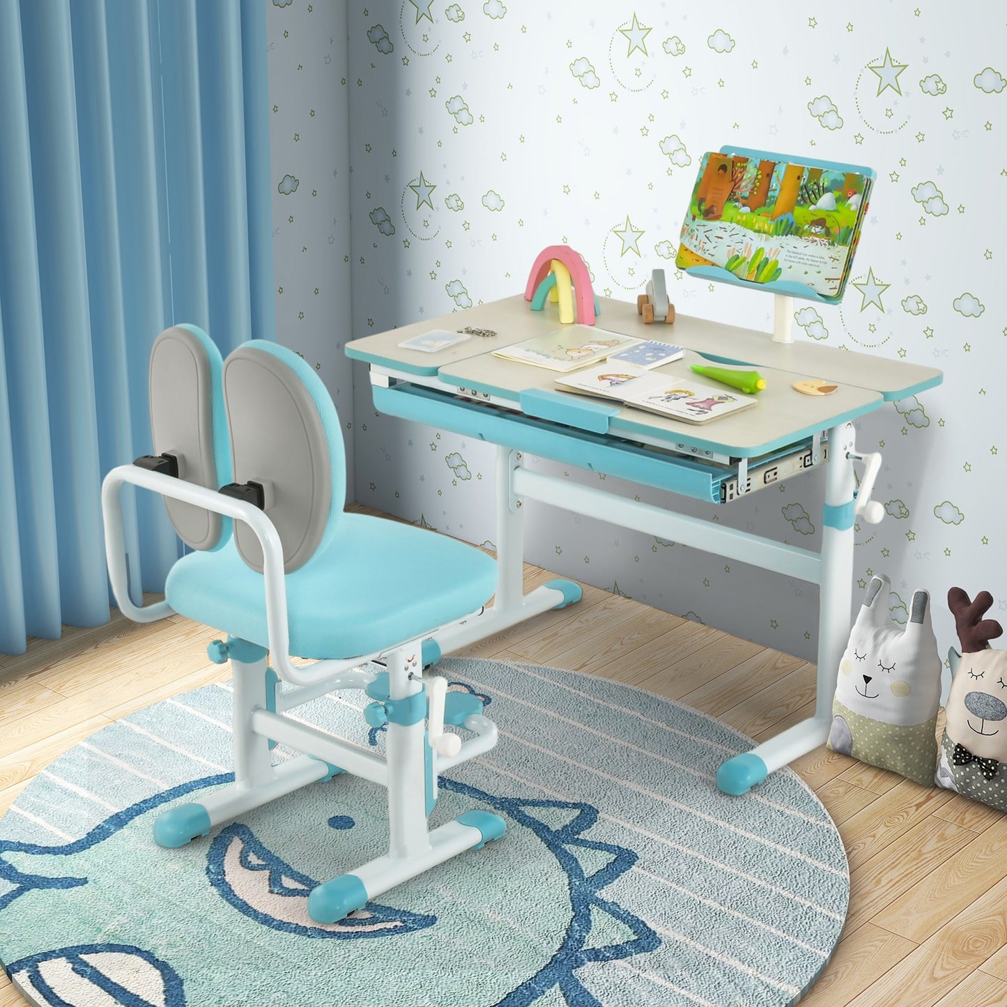 Height-Adjustable Kids Desk with Tilt Desktop and Book Stand-Blue Kids Crystal
