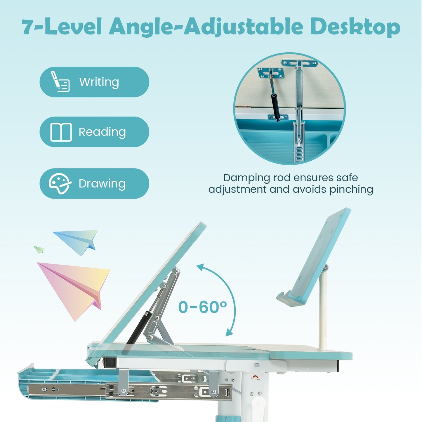 Height-Adjustable Kids Desk with Tilt Desktop and Book Stand-Blue Kids Crystal