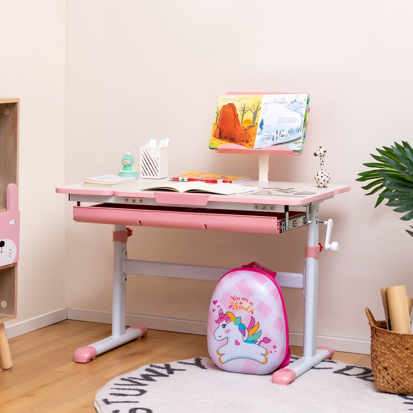 Height-Adjustable Kids Desk with Tilt Desktop and Book Stand-Pink Kids Crystal