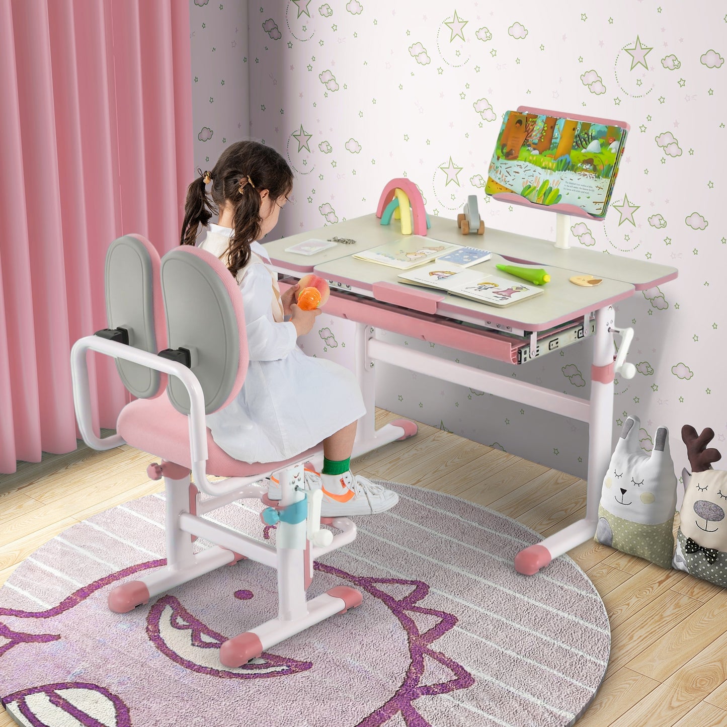 Height-Adjustable Kids Desk with Tilt Desktop and Book Stand-Pink Kids Crystal