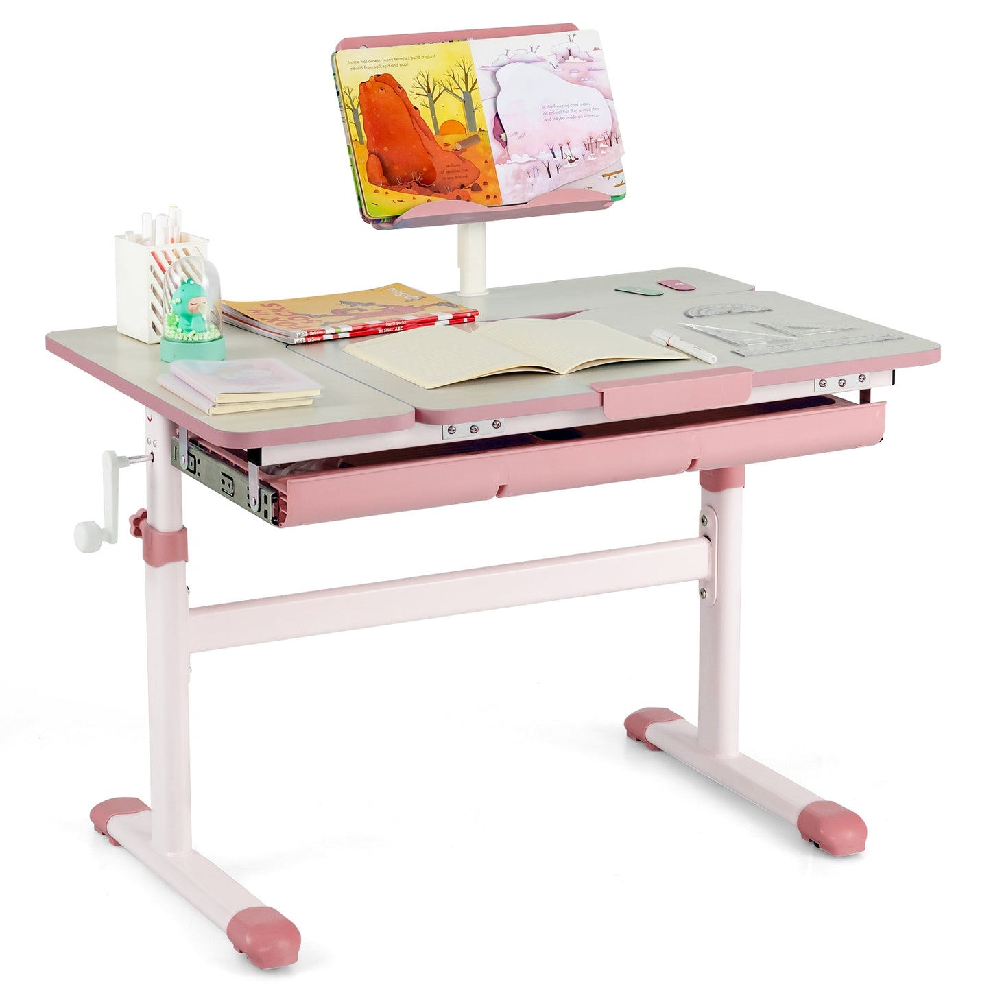 Height-Adjustable Kids Desk with Tilt Desktop and Book Stand-Pink Kids Crystal