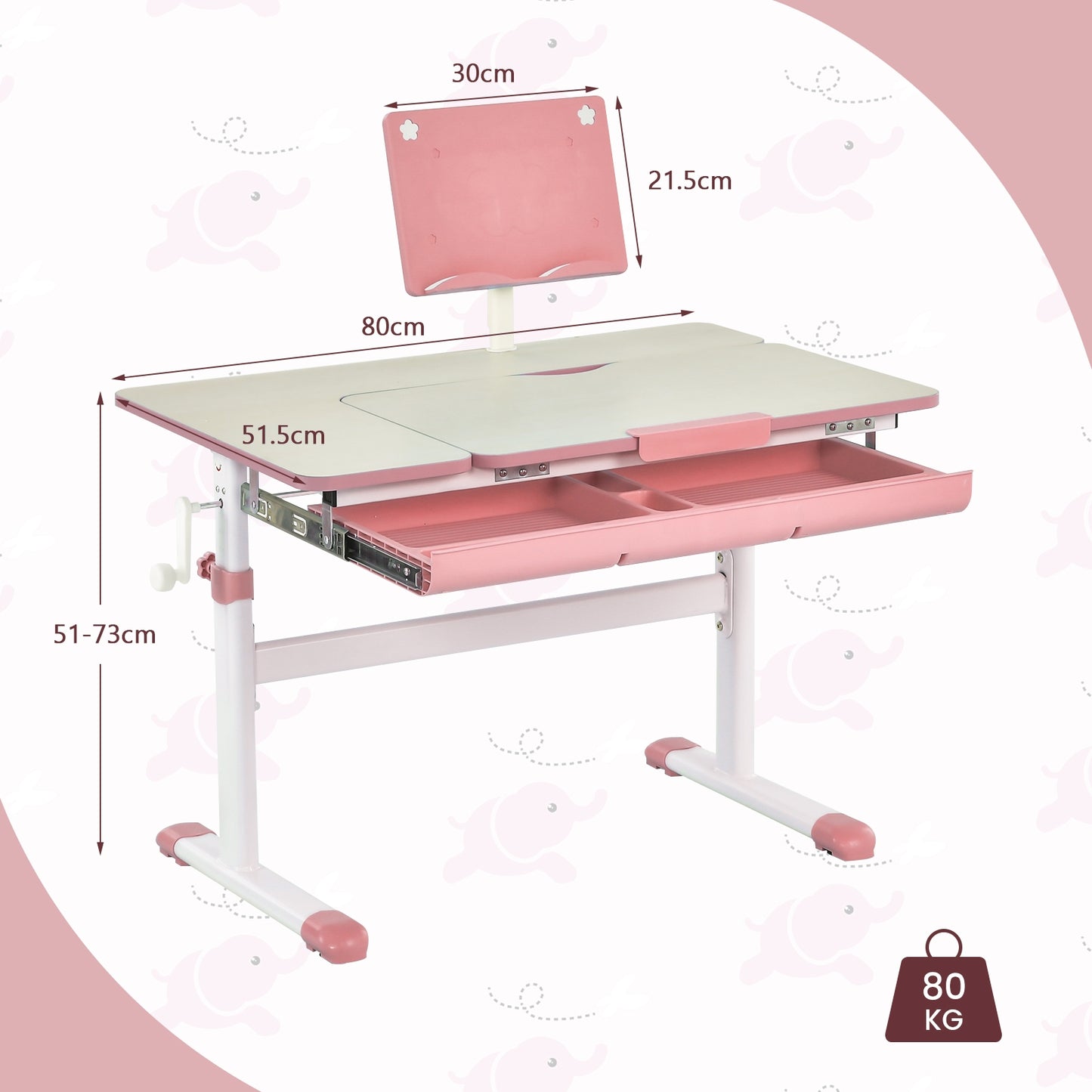 Height-Adjustable Kids Desk with Tilt Desktop and Book Stand-Pink Kids Crystal