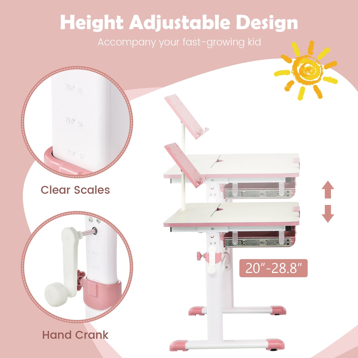 Height-Adjustable Kids Desk with Tilt Desktop and Book Stand-Pink Kids Crystal