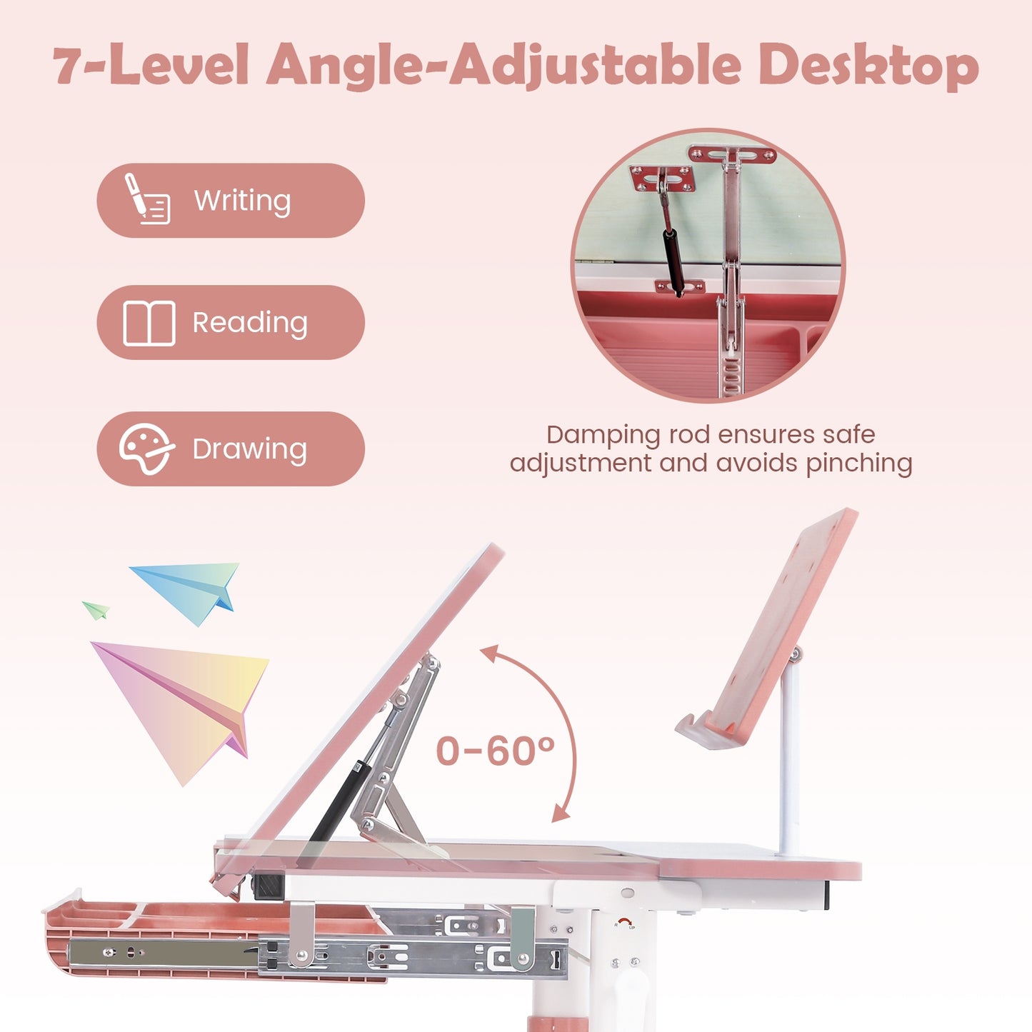 Height-Adjustable Kids Desk with Tilt Desktop and Book Stand-Pink Kids Crystal