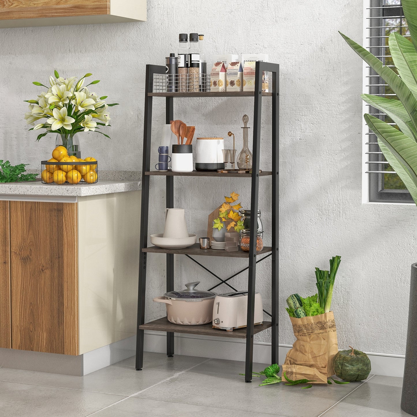 4-Tier Bookshelf with Metal Frame and Adjustable Foot Pads-Oak Kids Crystal