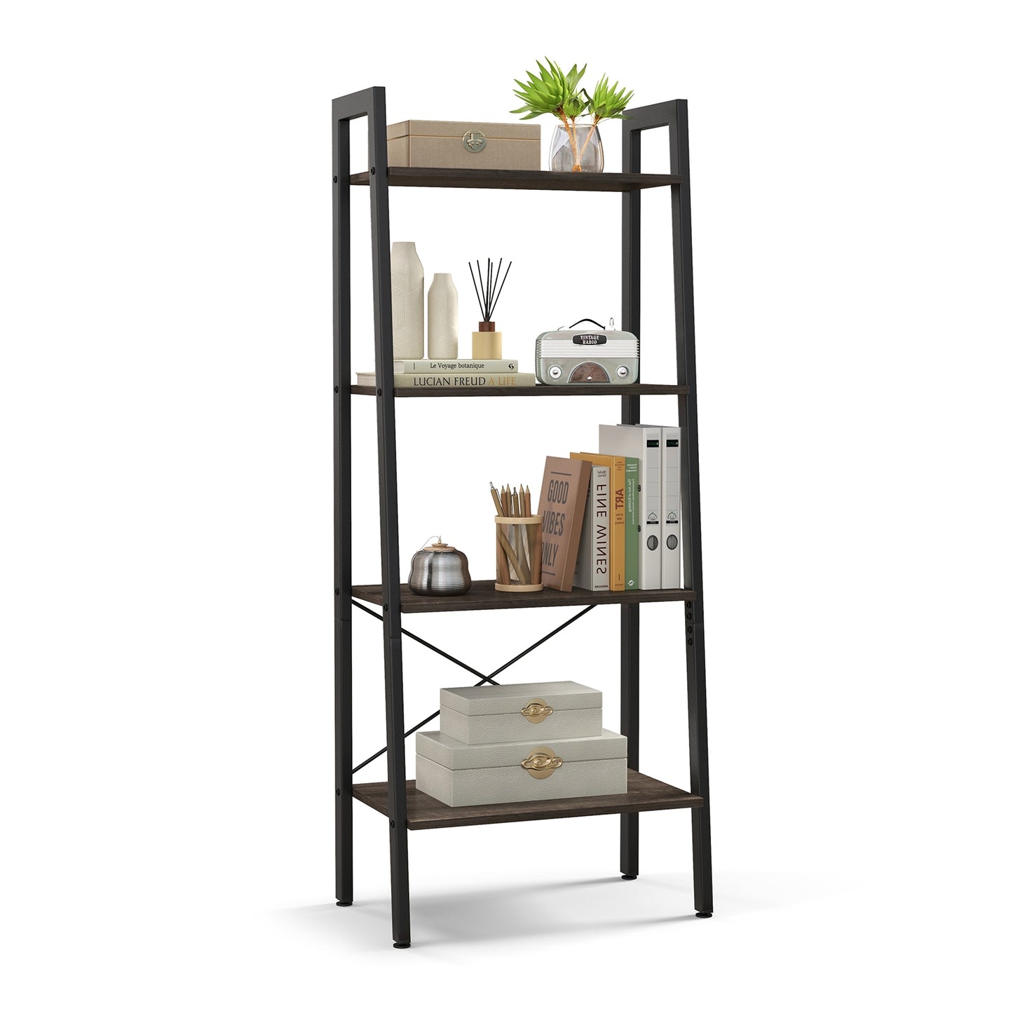 4-Tier Bookshelf with Metal Frame and Adjustable Foot Pads-Oak Kids Crystal