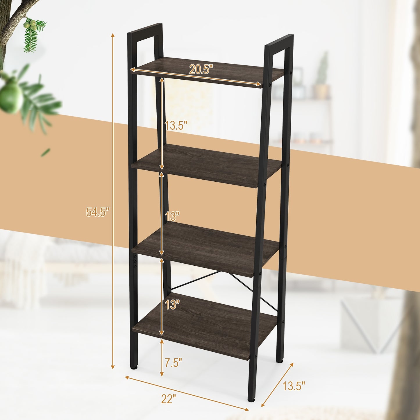 4-Tier Bookshelf with Metal Frame and Adjustable Foot Pads-Oak Kids Crystal