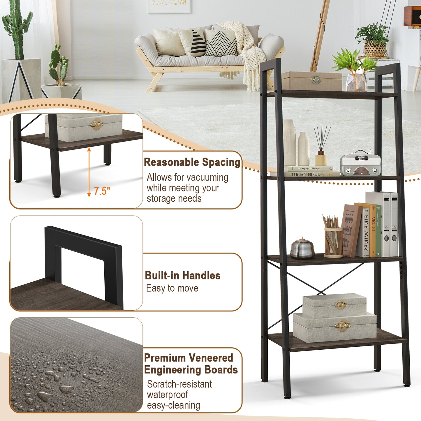 4-Tier Bookshelf with Metal Frame and Adjustable Foot Pads-Oak Kids Crystal