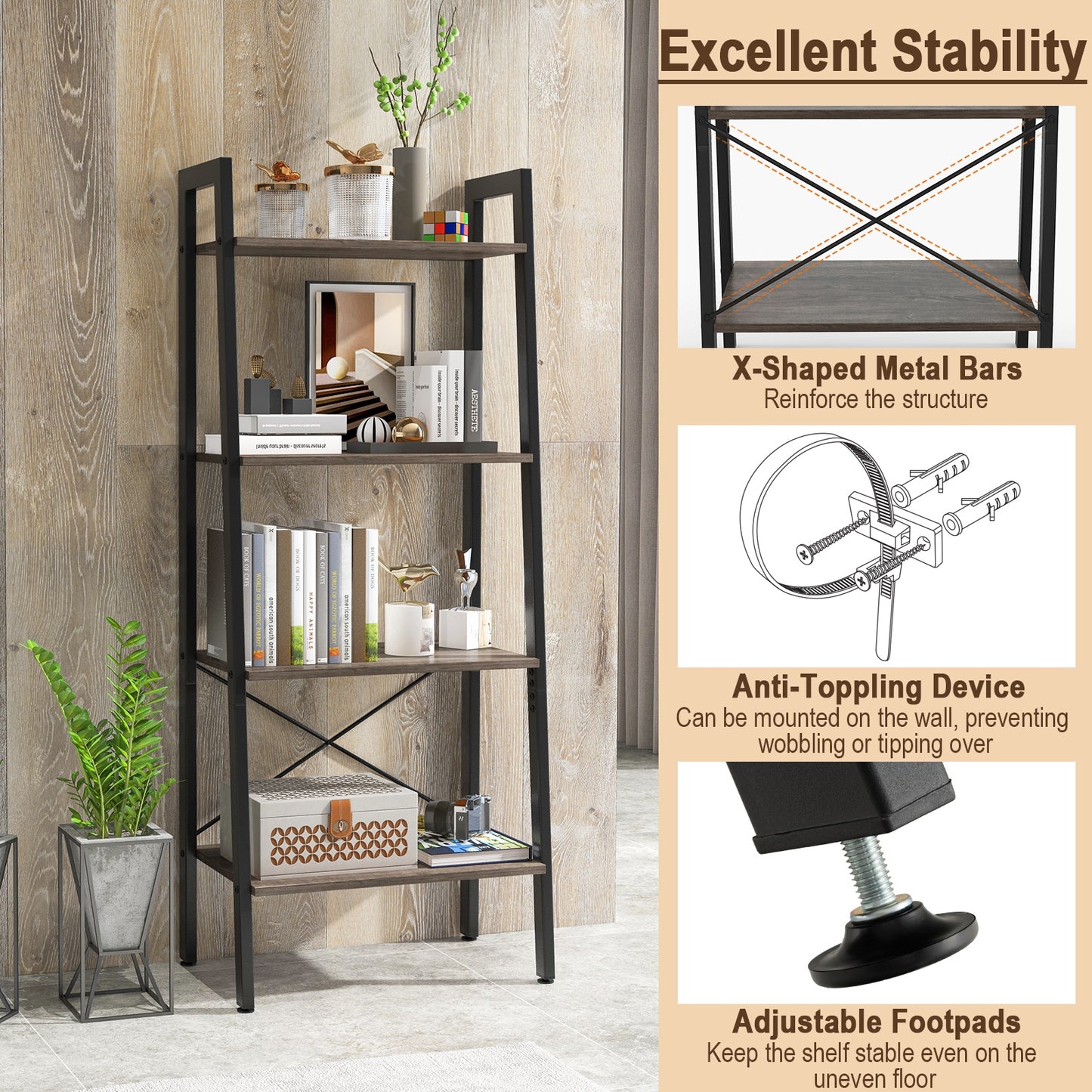 4-Tier Bookshelf with Metal Frame and Adjustable Foot Pads-Oak Kids Crystal