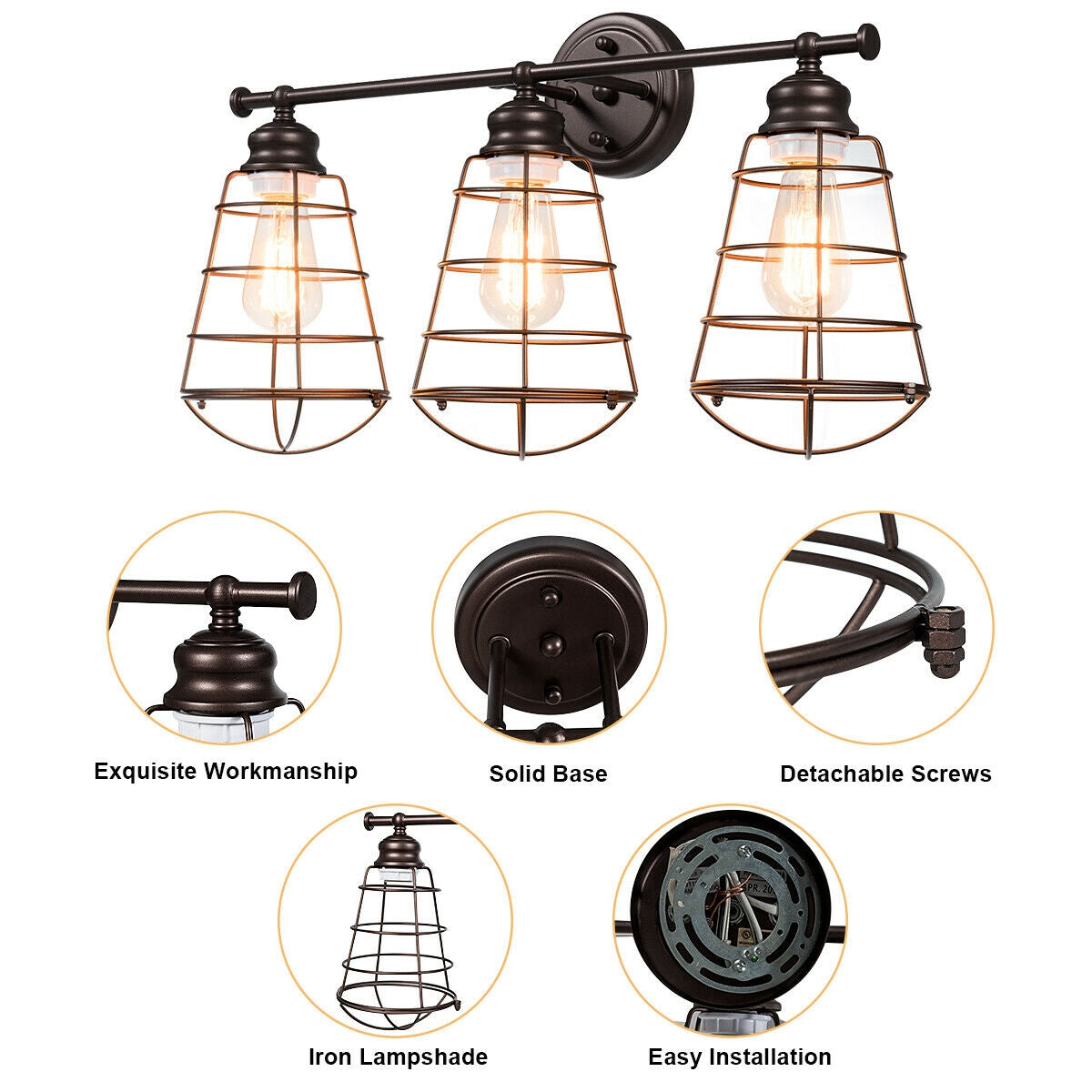 3-Light Vanity Lamp Bathroom Fixture with Metal Wire Cage Kids Crystal
