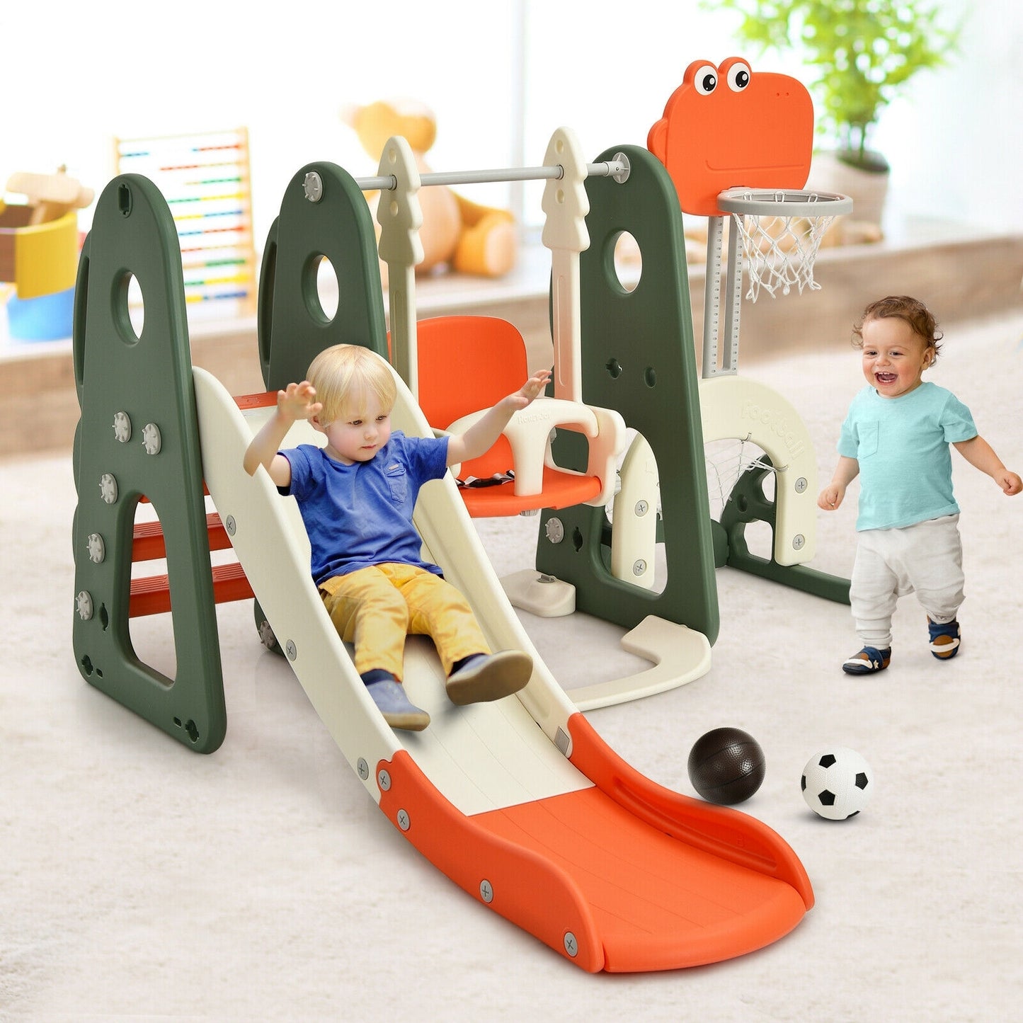 6 in 1 Toddler Slide and Swing Set with Ball Games-Orange Kids Crystal
