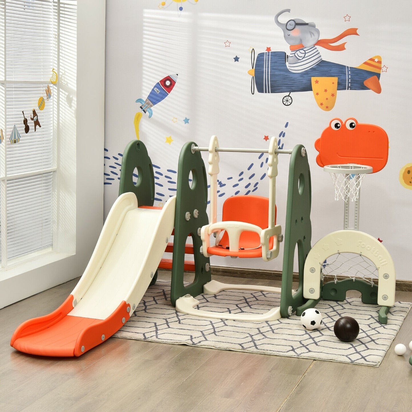 6 in 1 Toddler Slide and Swing Set with Ball Games-Orange Kids Crystal