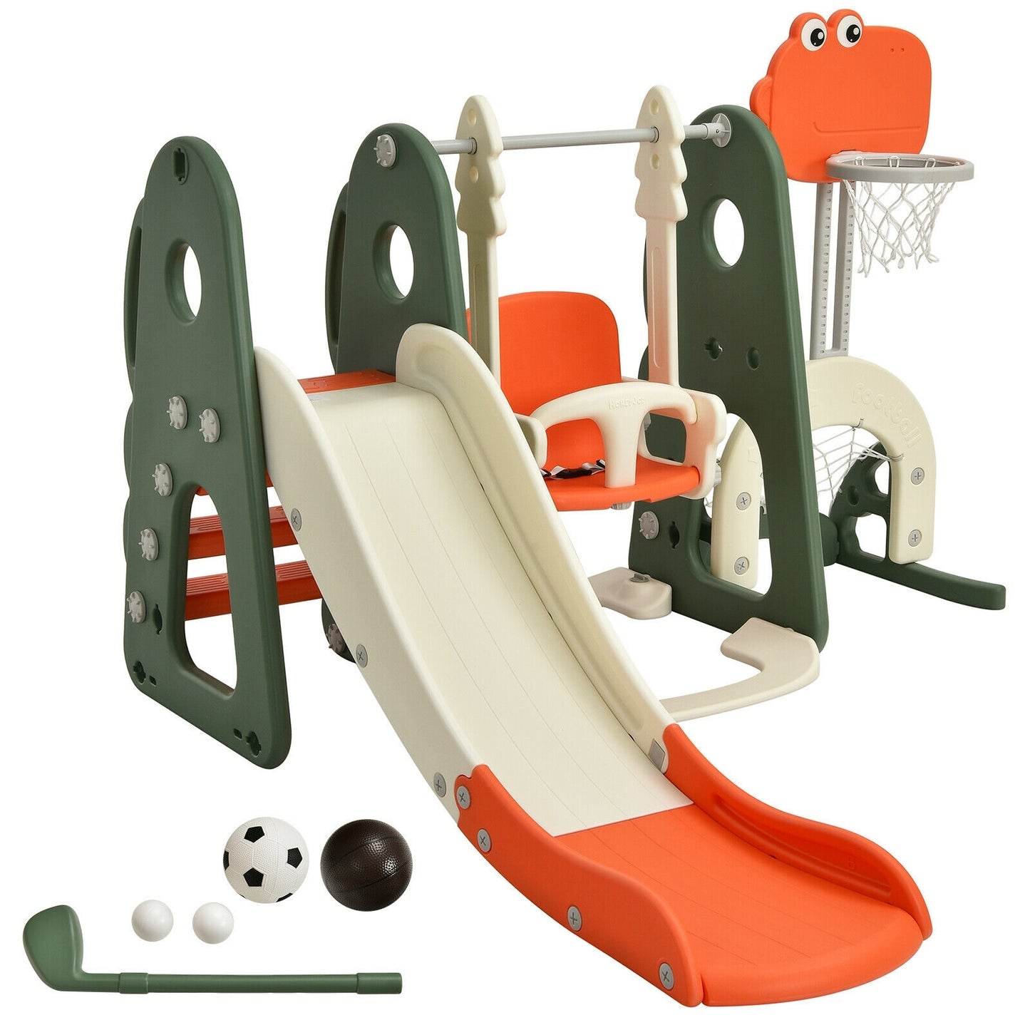 6 in 1 Toddler Slide and Swing Set with Ball Games-Orange Kids Crystal