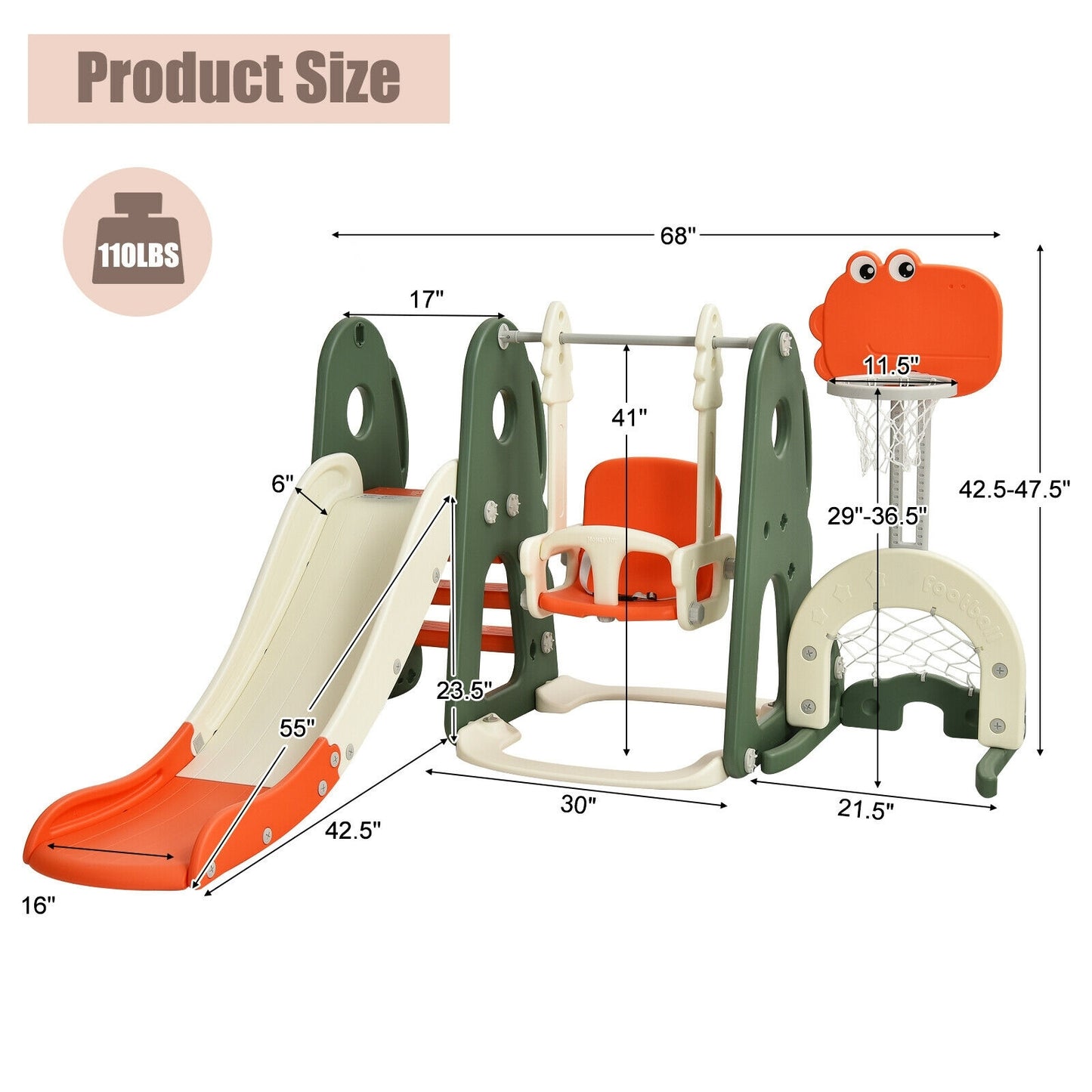 6 in 1 Toddler Slide and Swing Set with Ball Games-Orange Kids Crystal
