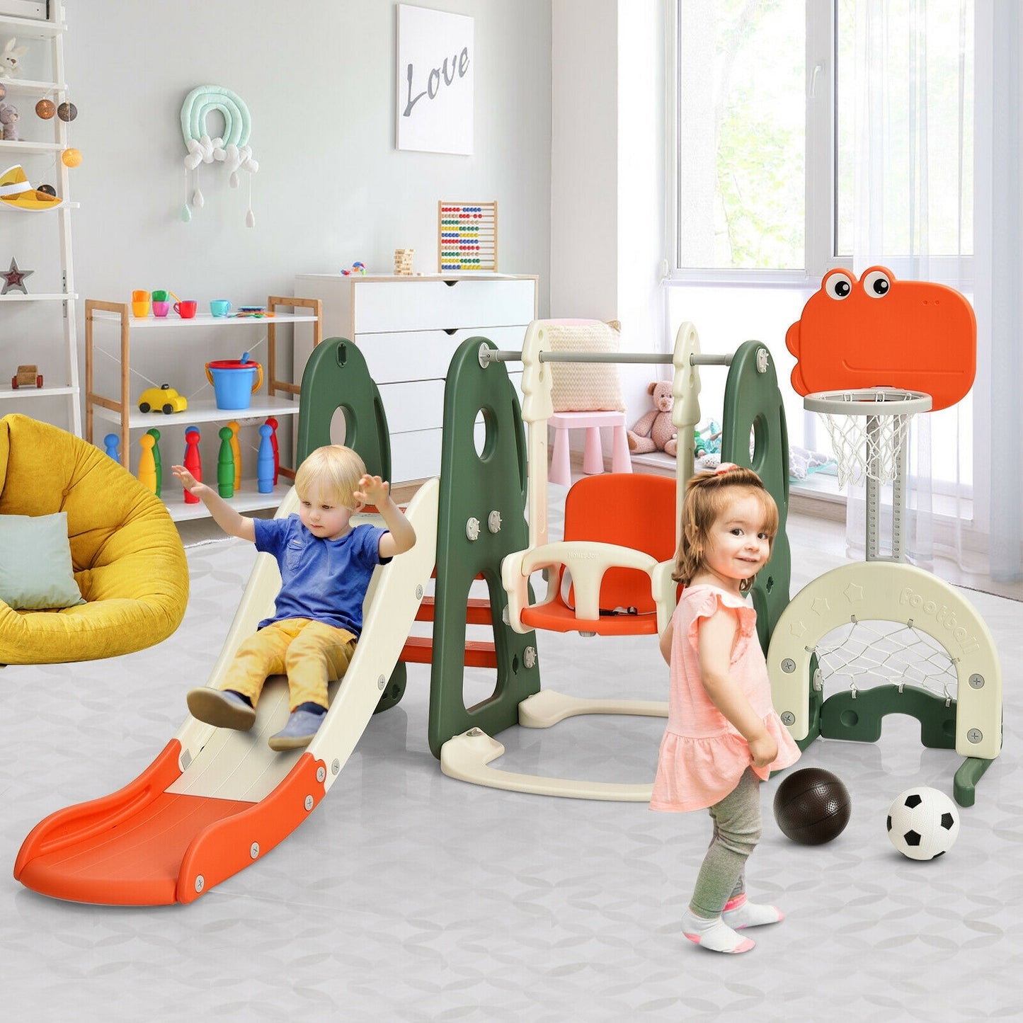 6 in 1 Toddler Slide and Swing Set with Ball Games-Orange Kids Crystal