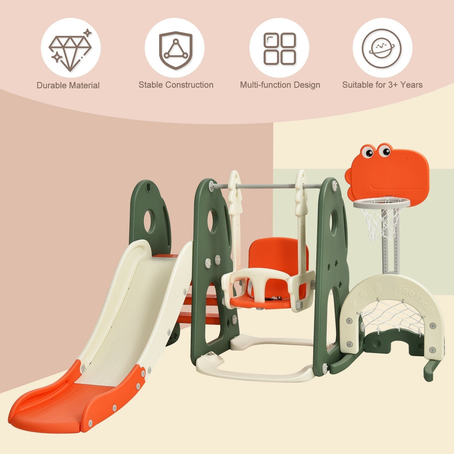 6 in 1 Toddler Slide and Swing Set with Ball Games-Orange Kids Crystal
