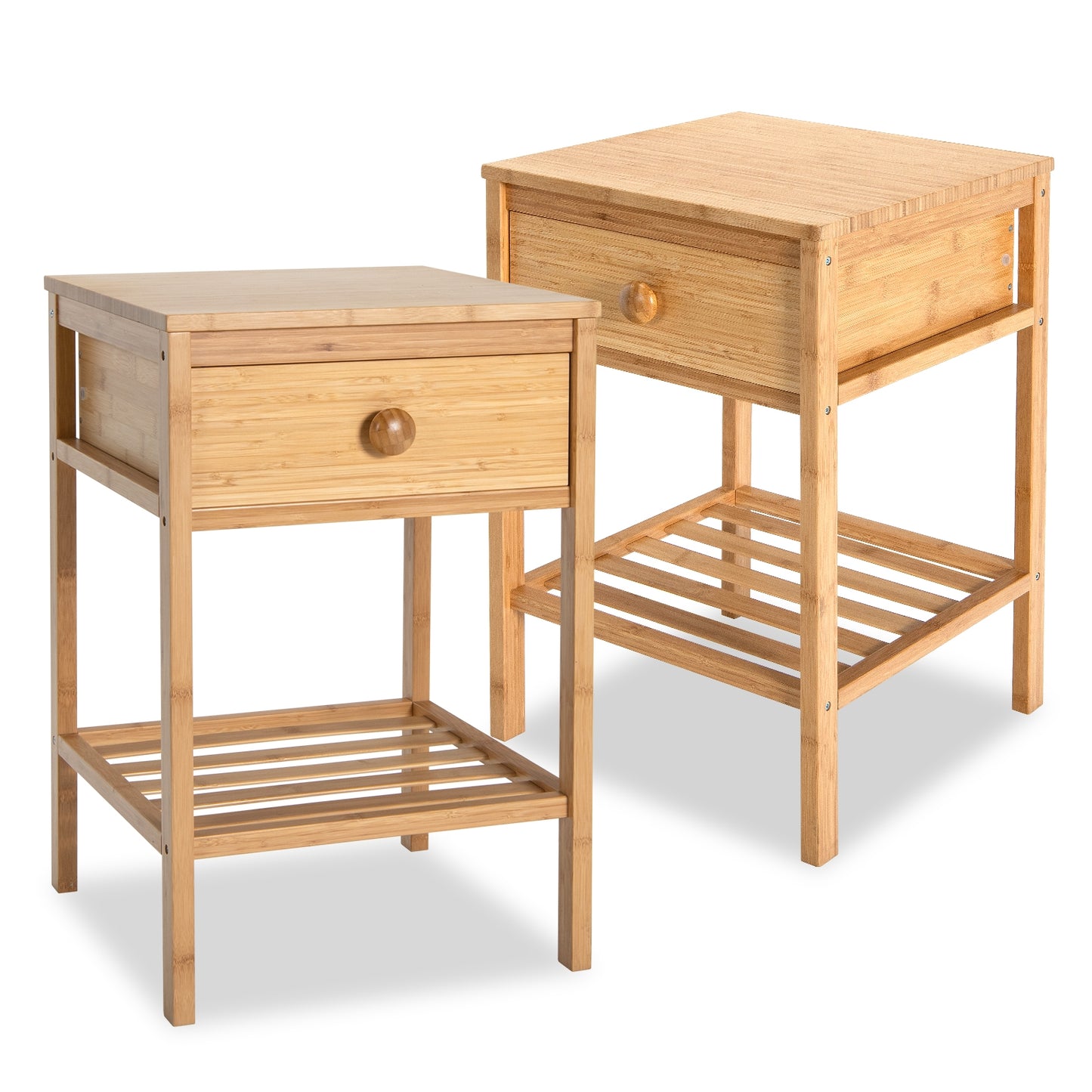 Set of 2 Bamboo End Tables with Drawer and Open Shelf-Natural Kids Crystal