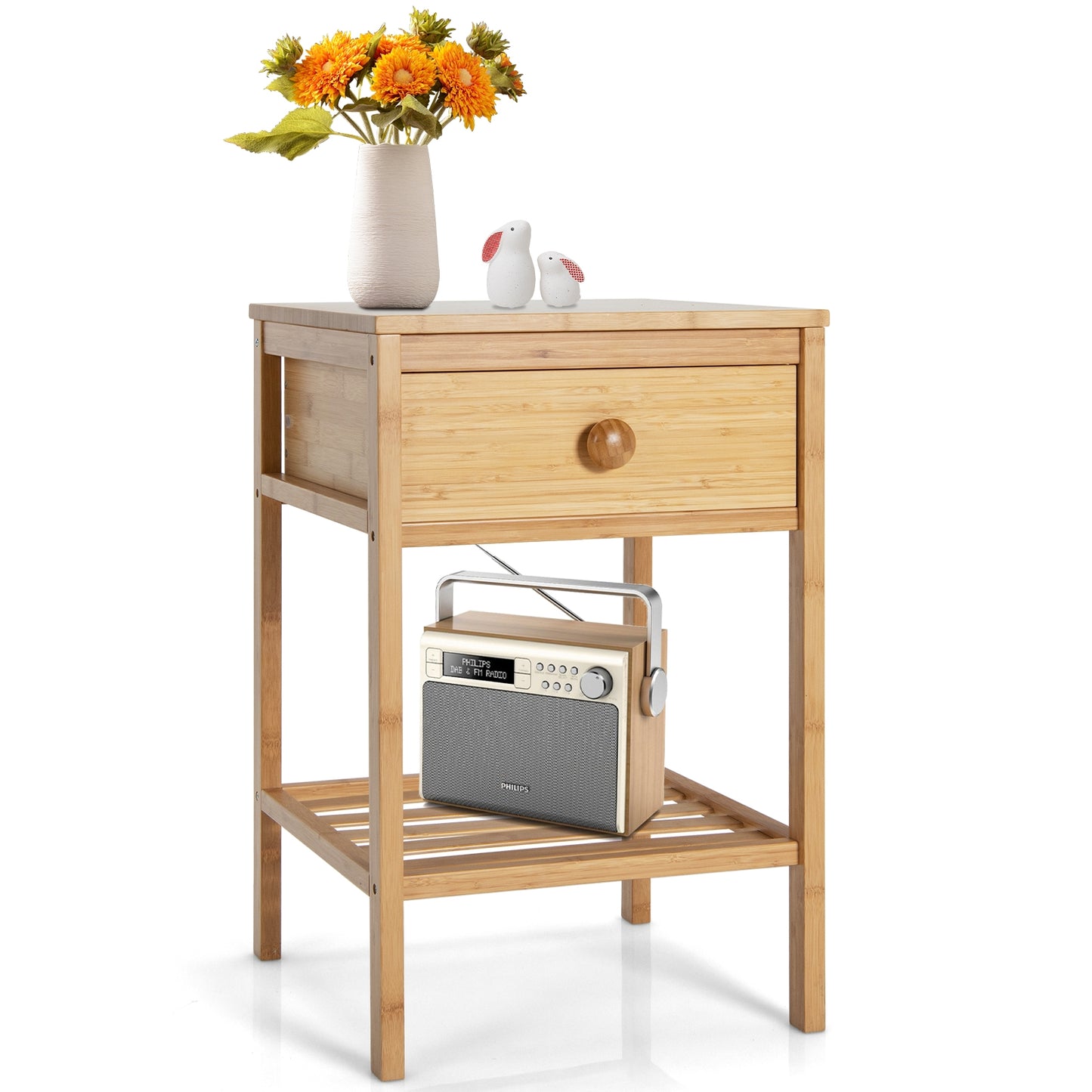 Set of 2 Bamboo End Tables with Drawer and Open Shelf-Natural Kids Crystal