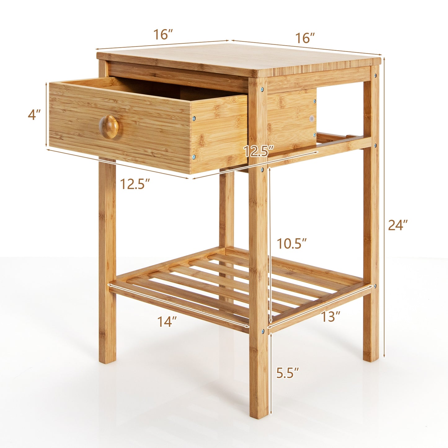 Set of 2 Bamboo End Tables with Drawer and Open Shelf-Natural Kids Crystal