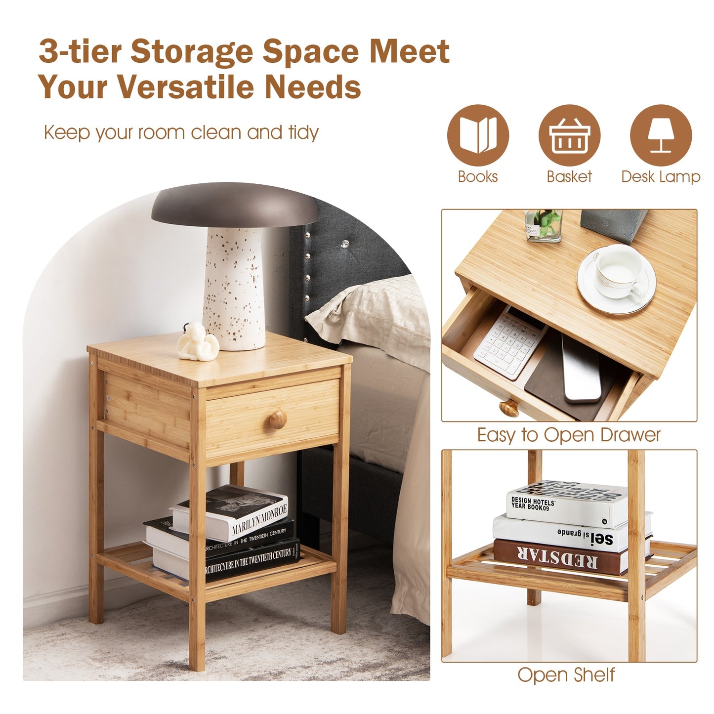 Set of 2 Bamboo End Tables with Drawer and Open Shelf-Natural Kids Crystal